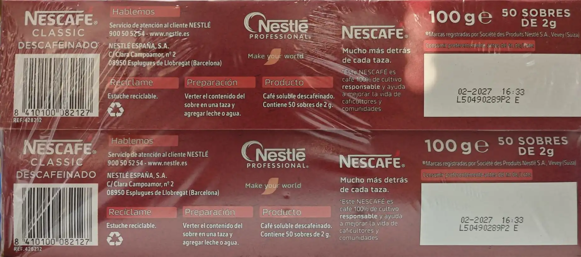 Nescafé classic soluble decaffeinated, 100 sachets 2gr