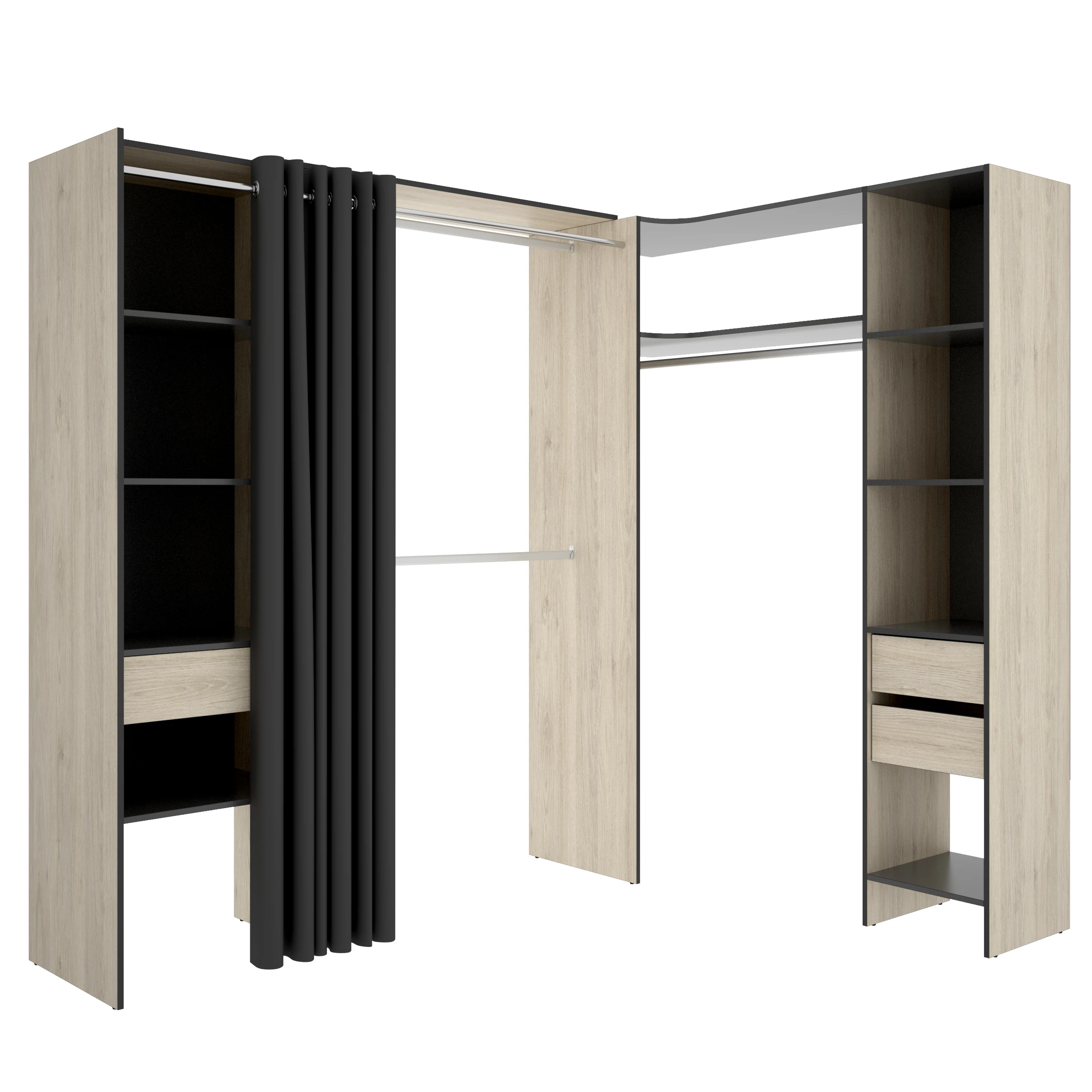 DEKIT - COMPOSICION VESTIDOR RINCONERO ADAPTABLE Y CON CORTINA - 205 X 164/214 x 141 cm - NATURAL / GRAFITO