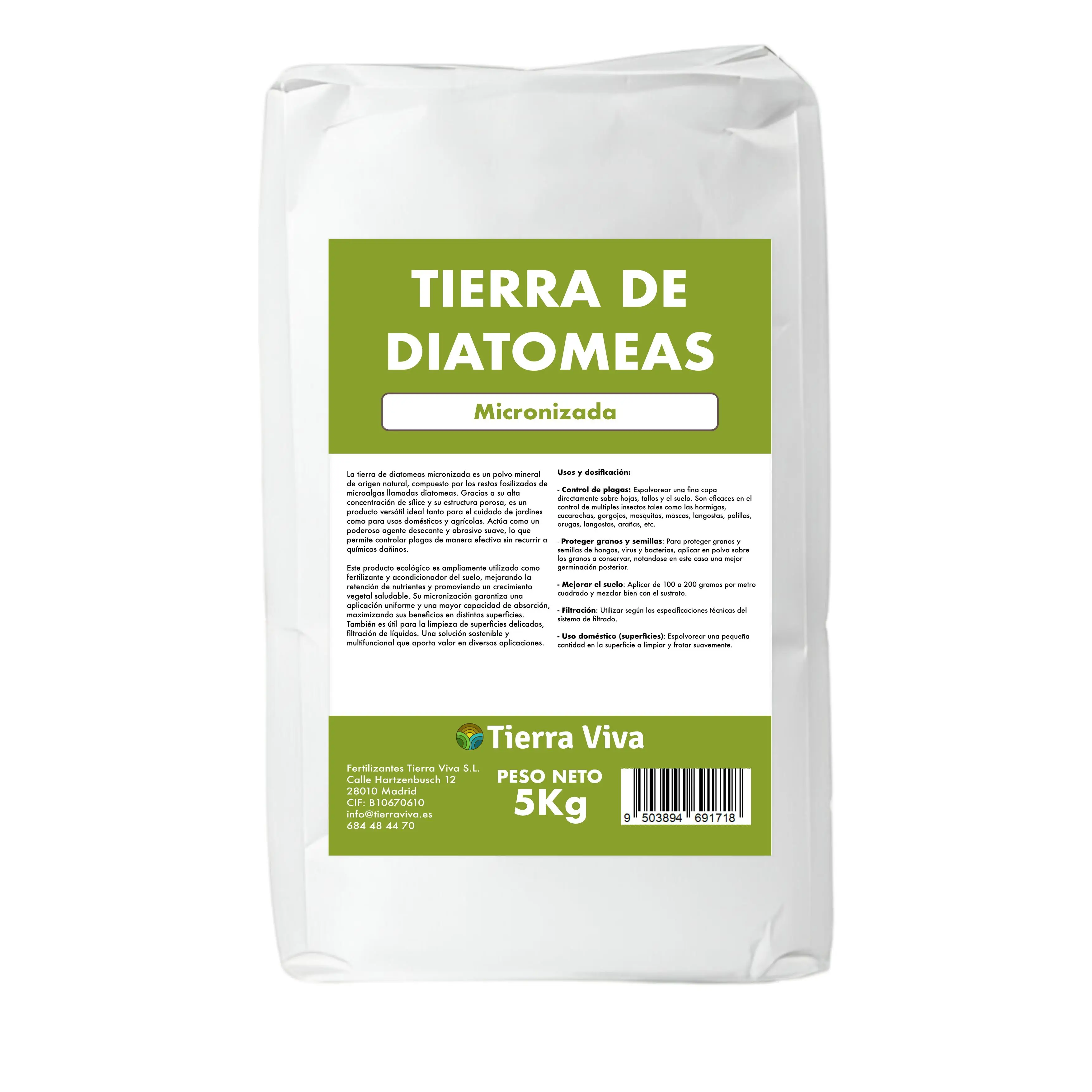 Tierra de diatomeas micronizada 5Kg - Sin Aditivos - Grado alimenticio E-551C  - Fertilizante 100% Ecológico - No calcinada