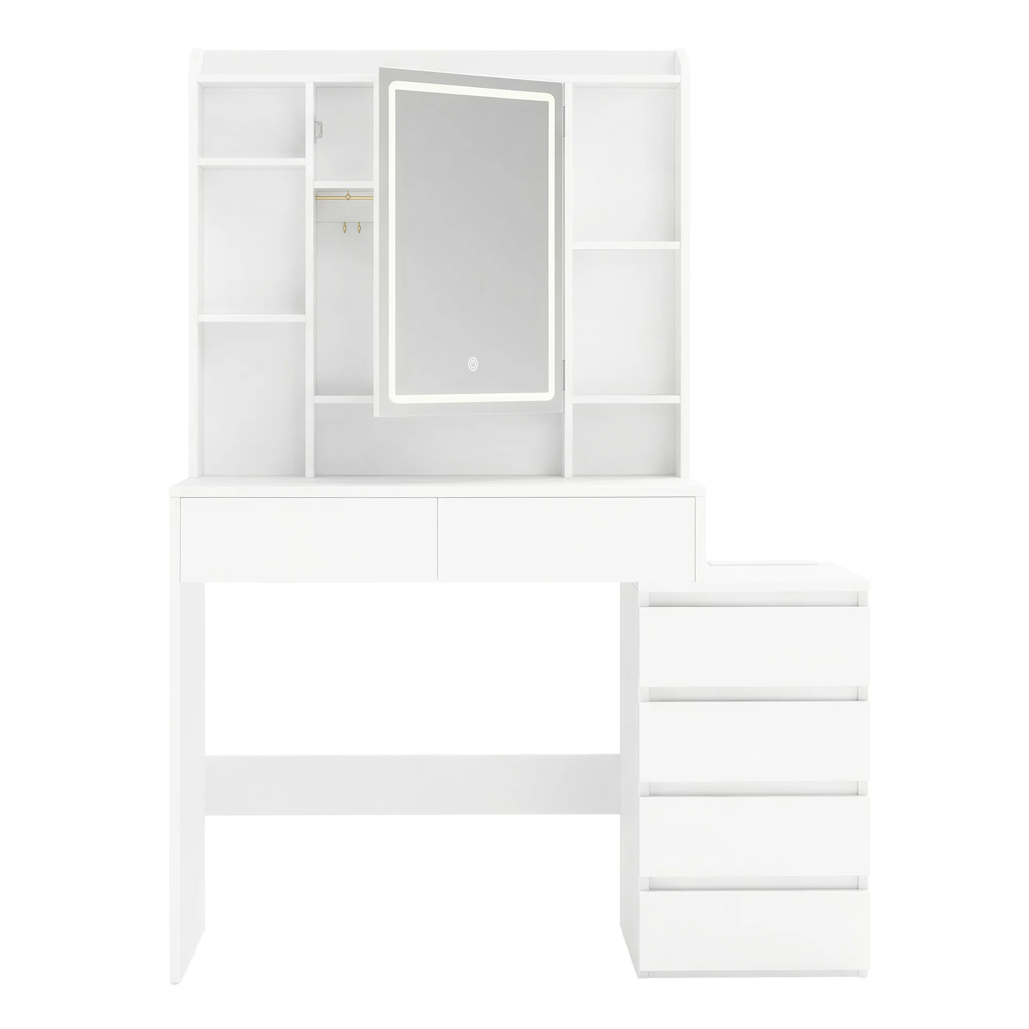 VASAGLE KAILYN Collection - Tavolo da trucco con luci LED a luminosità regolabile, presa multipla, tavolo da trucco con specchio, 40 x 105 x 145 cm, scomparti aperti, ripiani regolabili, bianco nuvola