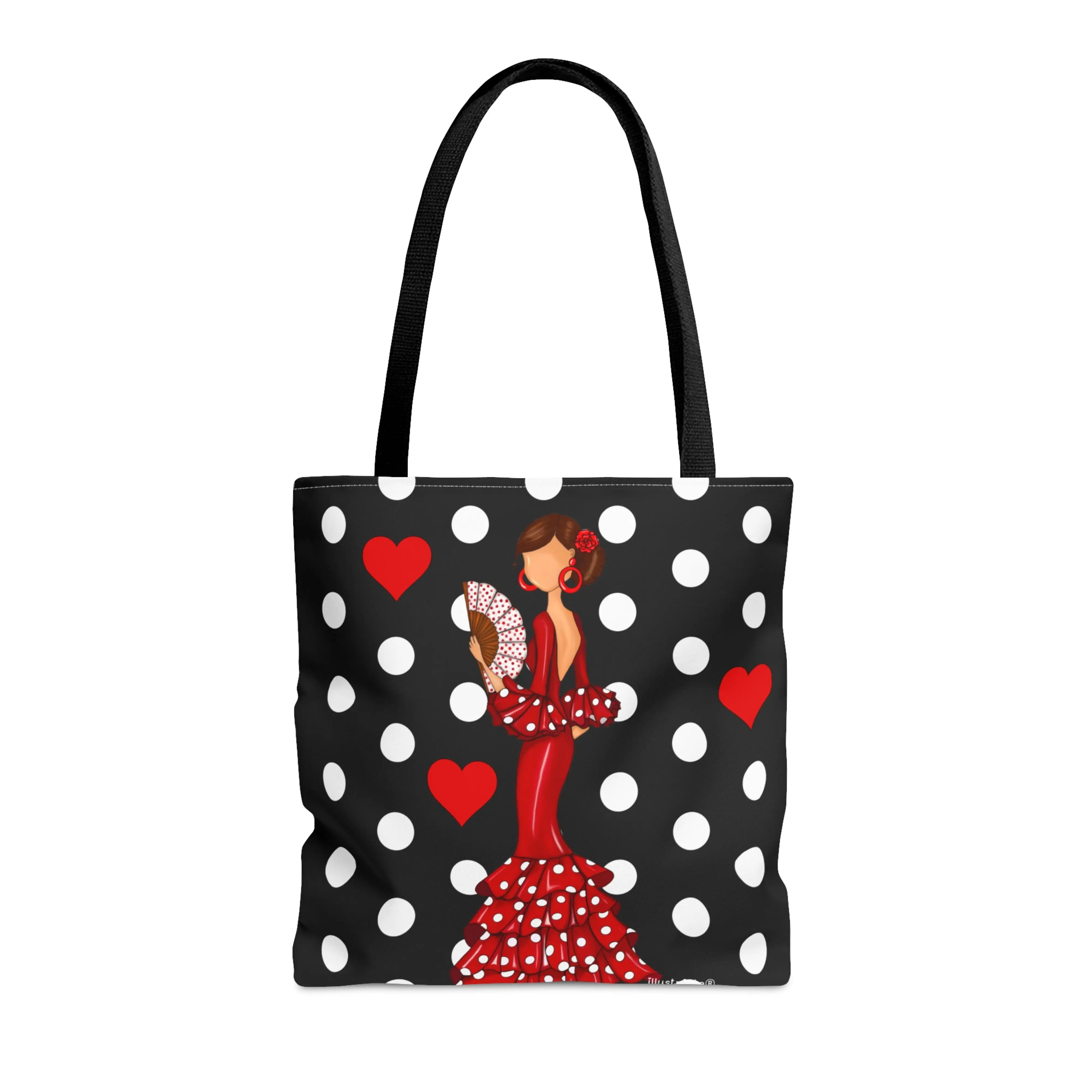 illustrArte – Bolsa tote Málaga “Flamenca Pepa” – poliéster 400 g/m² (43×43 cm) – asas 60 cm – diseño doble cara con lunares – bolso reutilizable y resistente