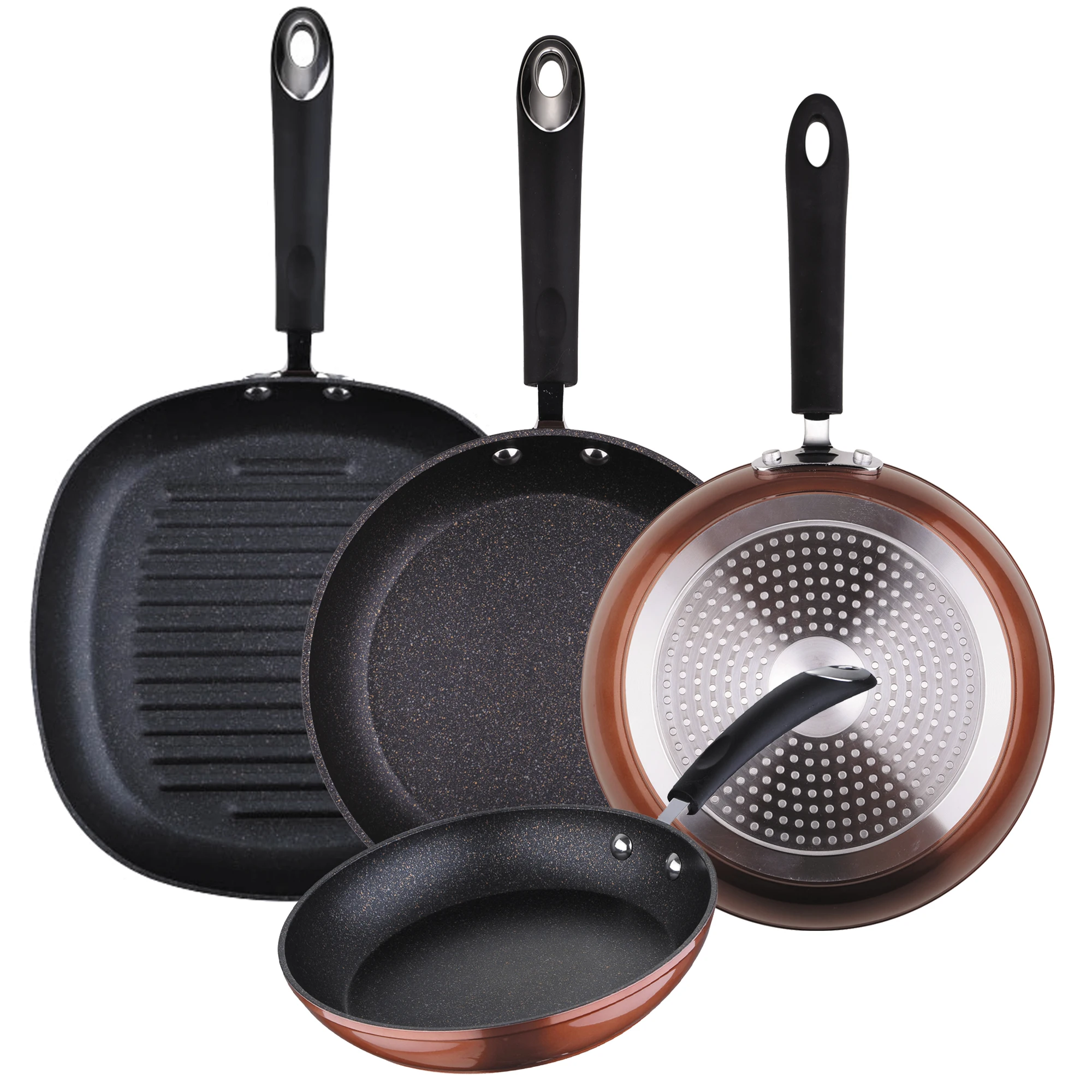 SAN IGNACIO Copper color Pans Set-Ø20/24/28 + Grill 28 cm, Forged Aluminum, Athermal Silicone Coated Handle, Induction