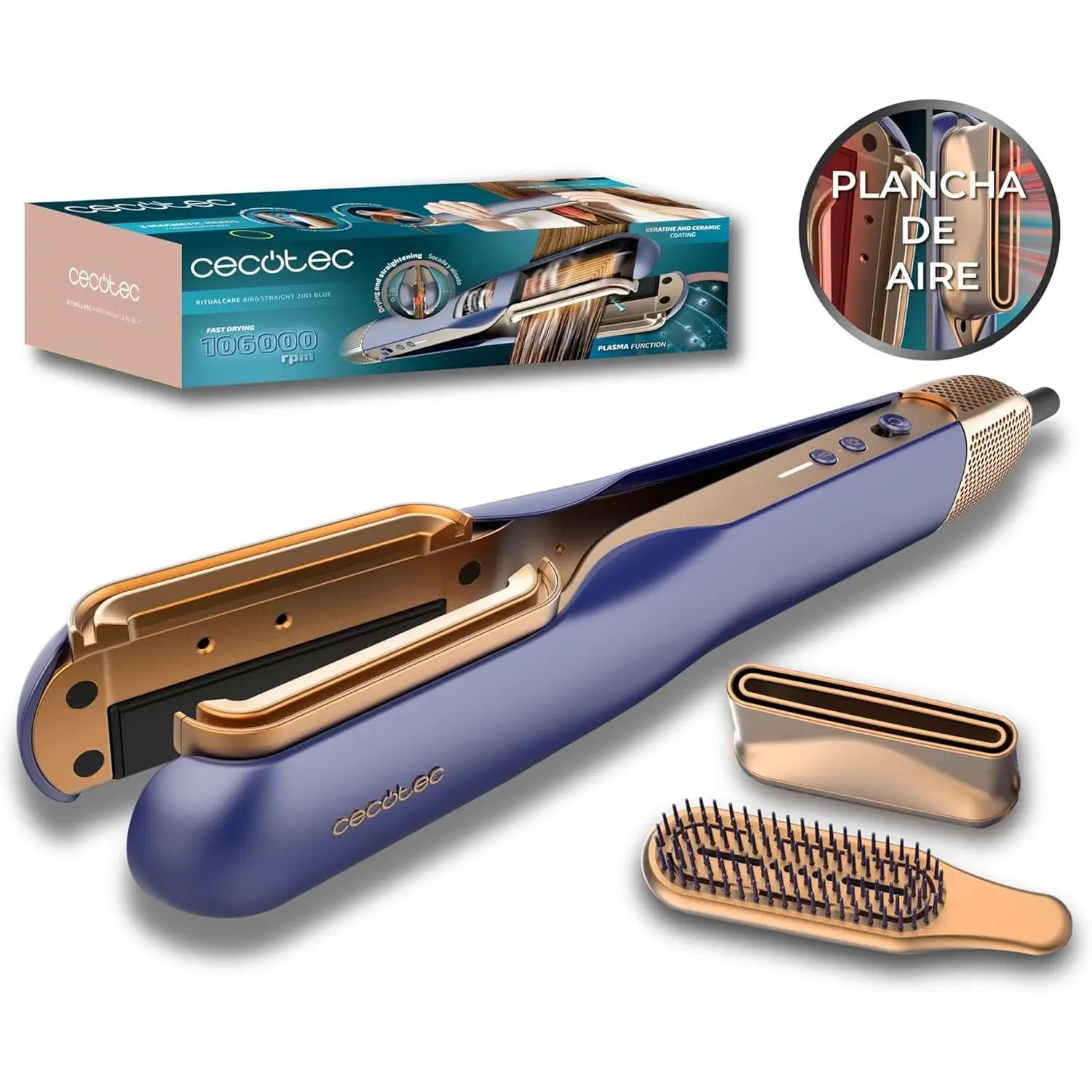 Cecotec hair straightener and dryer RitualCare Air Lisse 2in1 Blue. 1000W, dry and smooth, Digital engine, 106000RPM, Plasma, ceramic and keratin, high pressure slot, cold air button