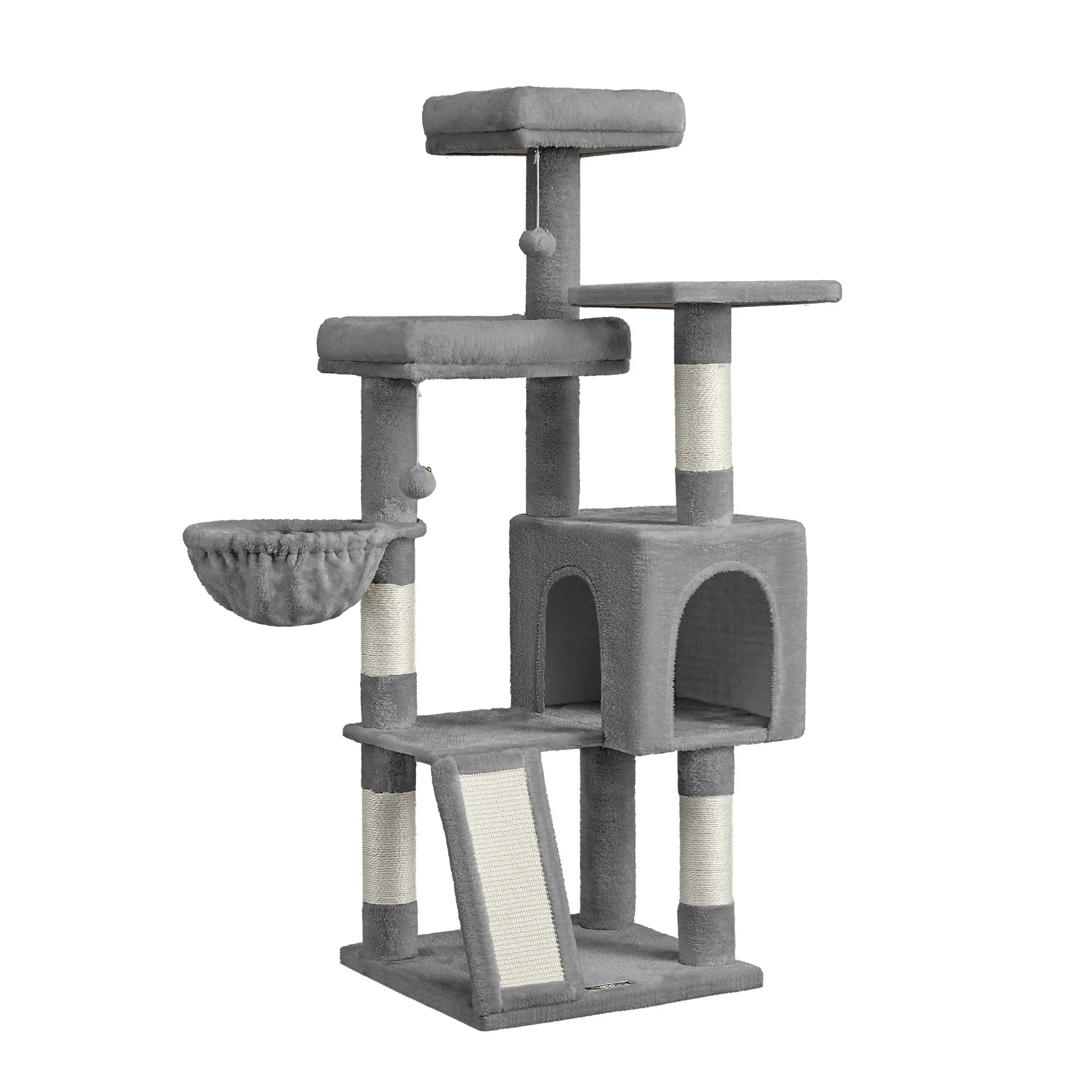 Feandrea Albero per Gatti, Tiragraffi per Gatti, Torre con Pali e Rampe per Graffiare, 3 Grandi Piattaforme, 1 Grotta, 1 Amaca, 2 Pompon, Altezza 136 cm, Grigio Piccione/Grigio Scuro/Beige Sabbia