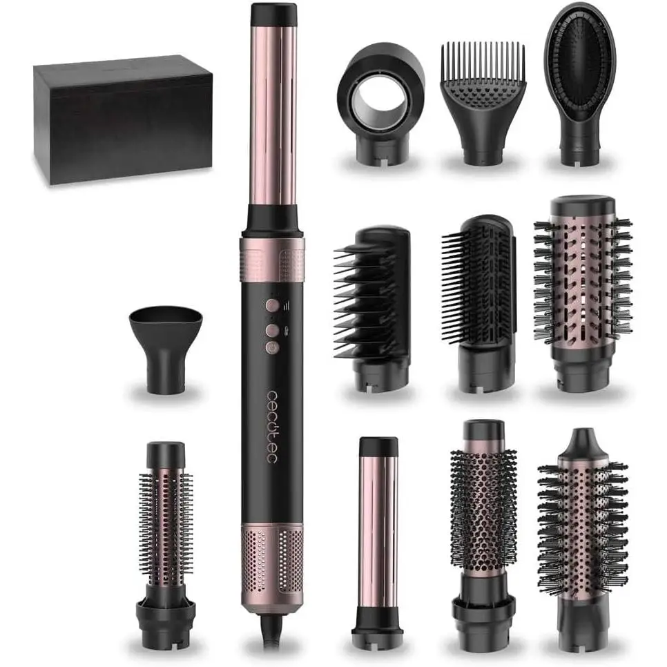 Cecotec Hot Air Brush Straightening Dryer-12 Heads-technology Coanda CeramicCare 12in1 AirGlam Black. 1400W, Digital engine, eliminate Frizz, 3 temperatures