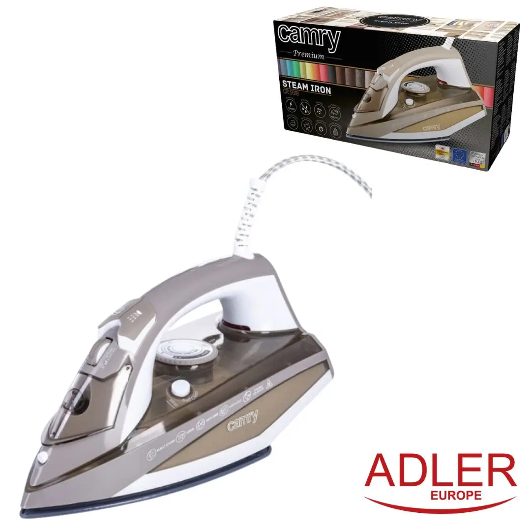 Adler Camry Plancha de Vapor Potente de 3000 W, Vapor 55 g/min, Golpe de Vapor 230 g/min, Suela Ceramica gran calidad aleman