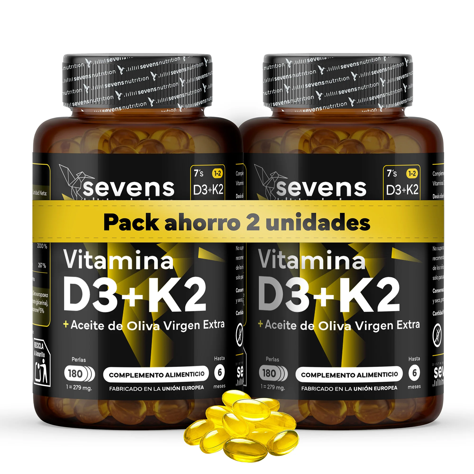 Pack 2x Vitamina D3 2000 UI + K2-7 100 µg – Con Aceite de Oliva Virgen Extra – 360 Cápsulas Blandas – Sevens Nutrition