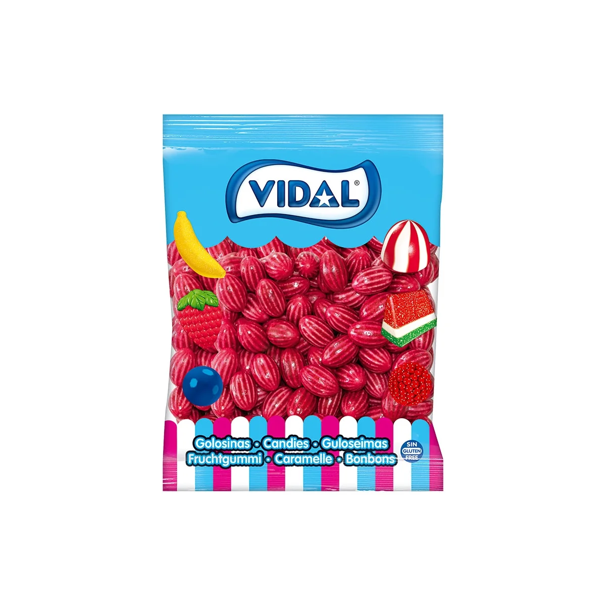 Chewing gum lival acidic strawberries 250 units. Candy form of melon in red color.