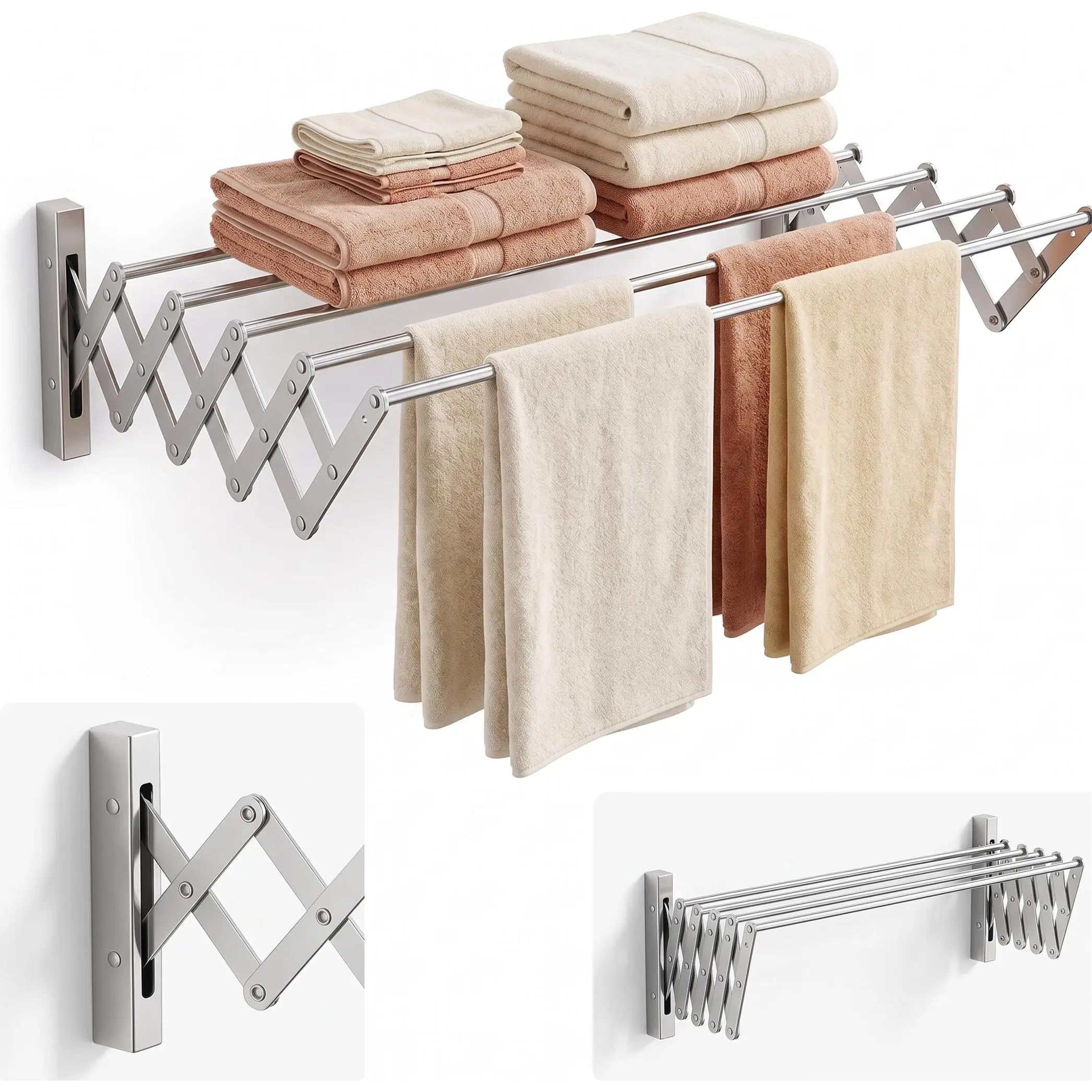 Tendedero Extensible de Pared 100 a 160 cm – Plegable para Interior y Exterior, 5 Barras de Secado, Apto para Todo Tipo de Ropa