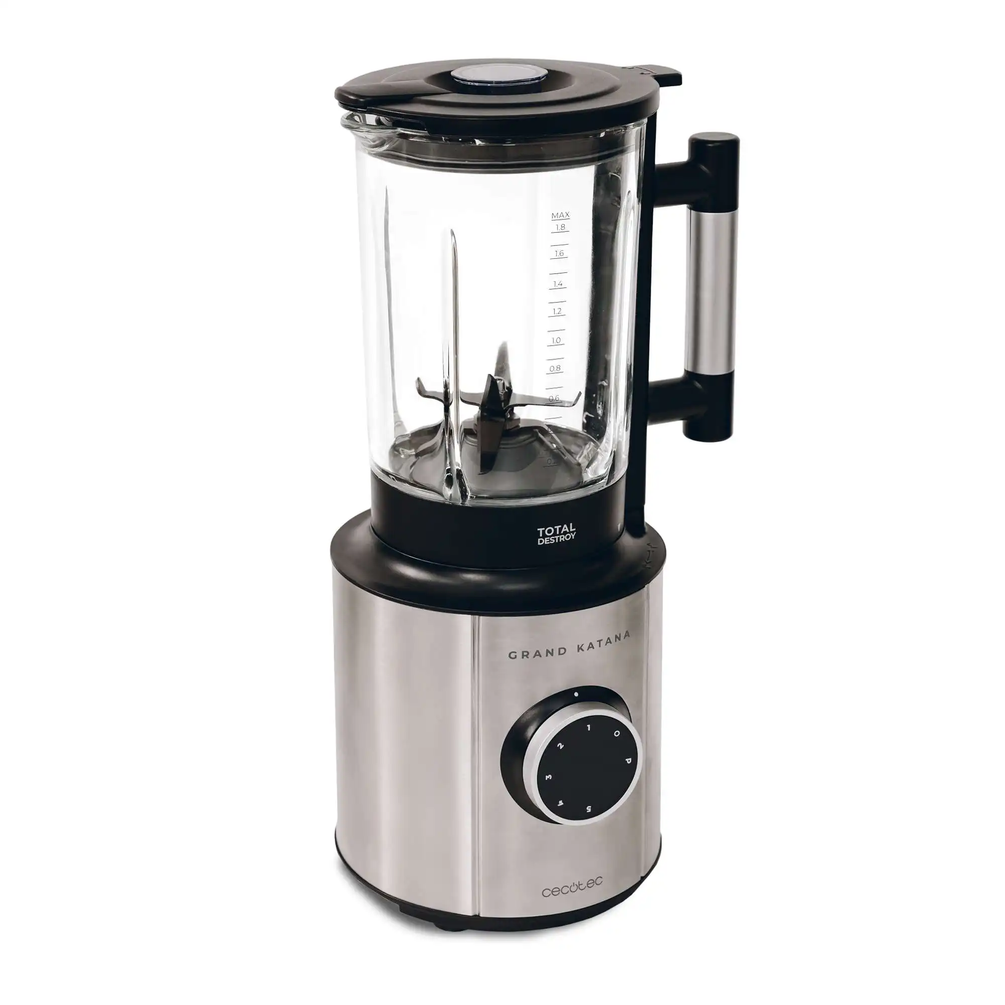Batidora de vaso Cecotec Grand Katana 2700MAX Total Destroy B, 2700W potencia máxima, Tecnología contrarrotante TotalDestroy, cuchilla de 8 hojas recubrimiento titanio negro y jarra termorresistente
