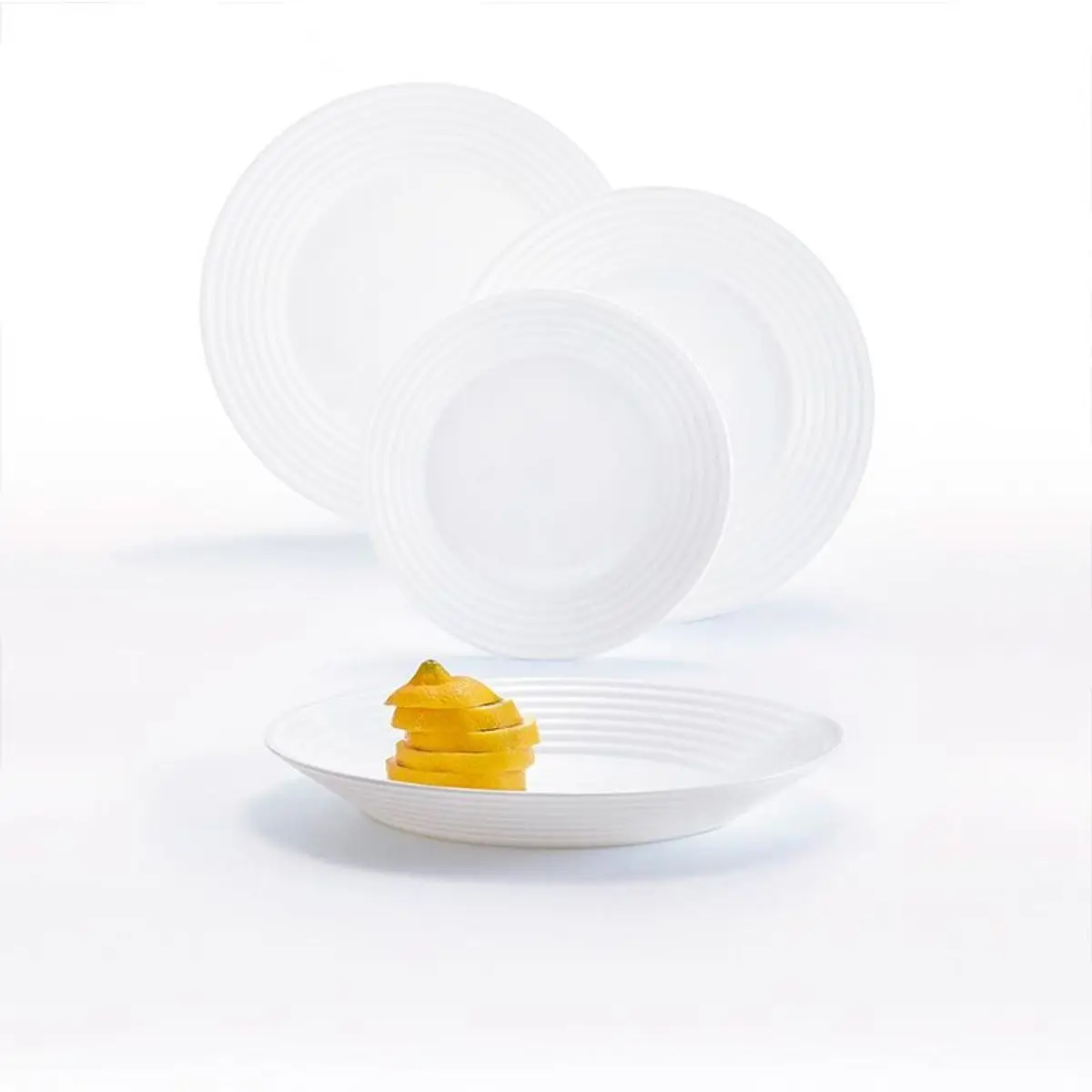 Harena tableware set by Luminarc includes 18 pieces for 6 people made of durable tempered glass, featuring 6 dinner plates, 6 soup bowls, and 6 dessert plates, microwave and dishwasher safe.