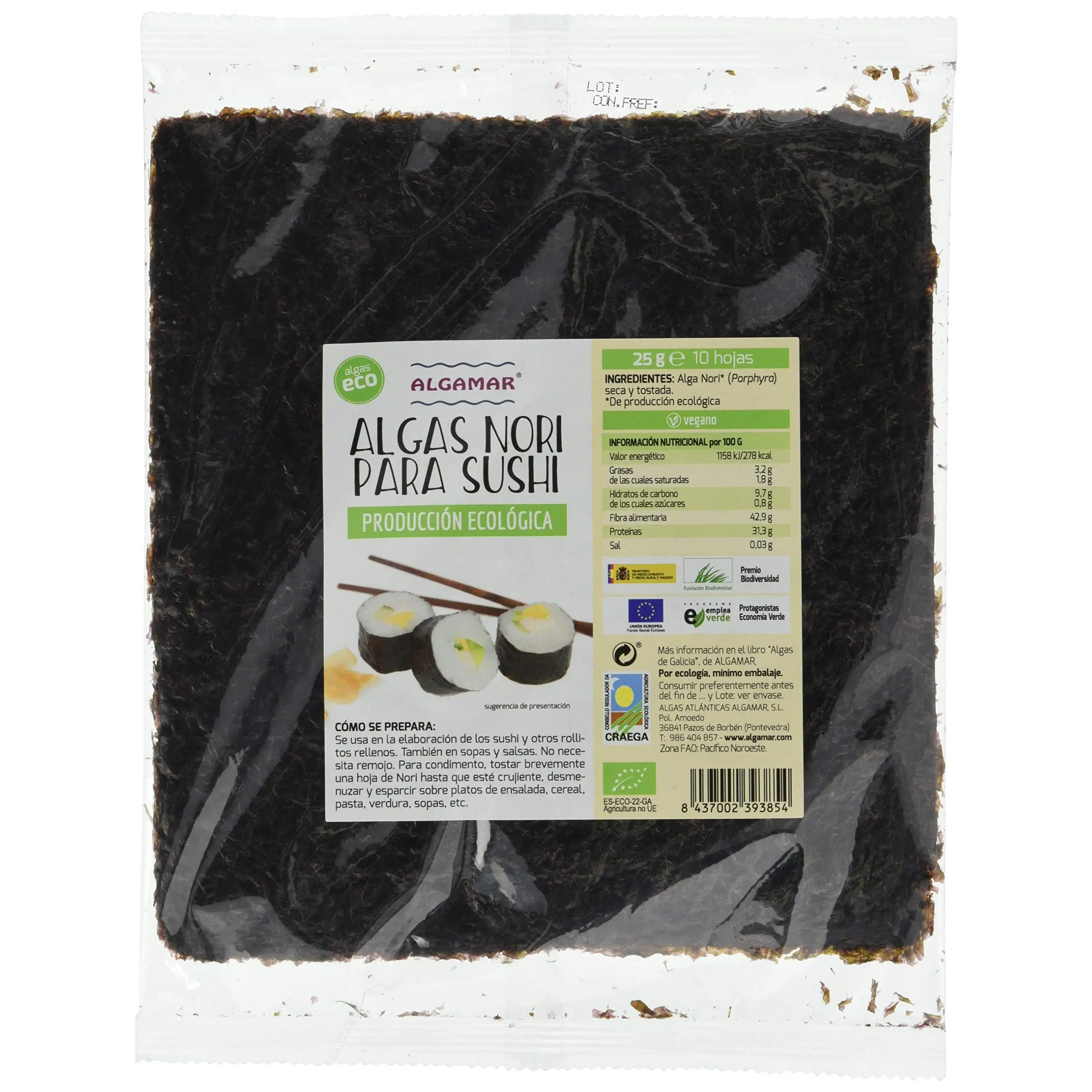 Algamar Alga Nori Sushi 10 Hojas 25 G Delialga