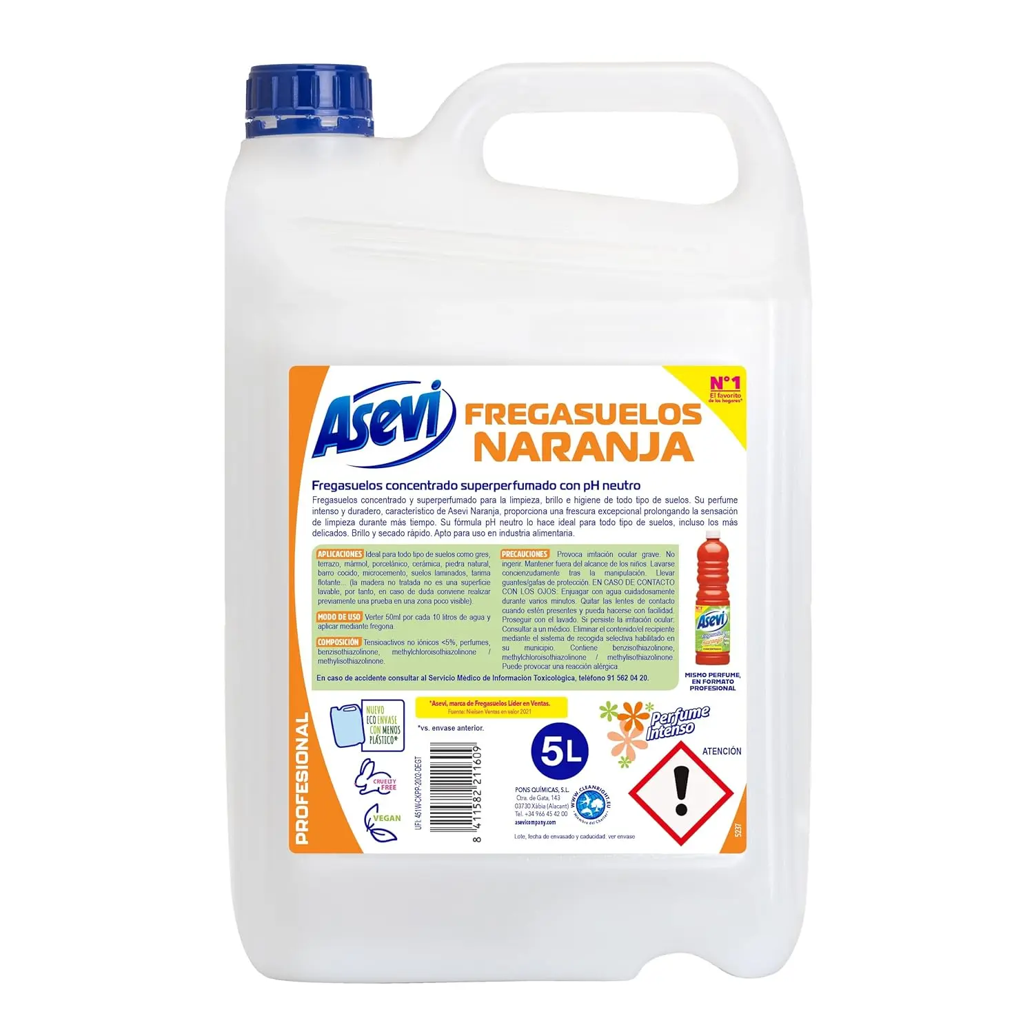 Fregasuelos Asevi Profesional NARANJA 5 LITROS - Friegasuelos Concentrado Aroma Cítrico - Limpieza, Brillo e Higiene - 5 Litros