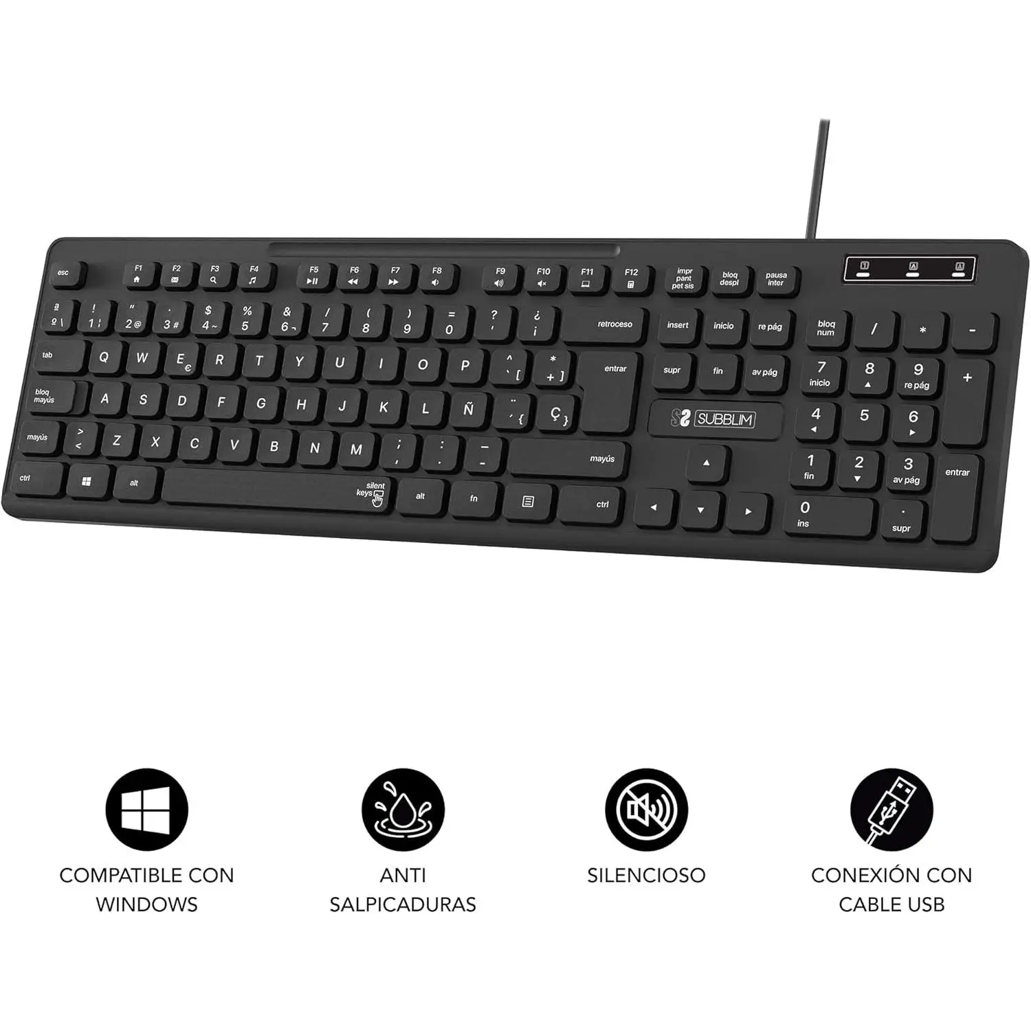 Subblim business slim silent, spanish keyboard distribution (qwerty), plug & play via usb, flat design, silent keying, black