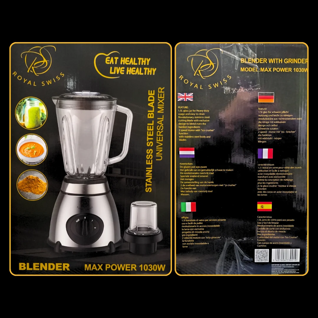 Blender and grinder with glass cup / maximum power 1000w/ royal swiss #8