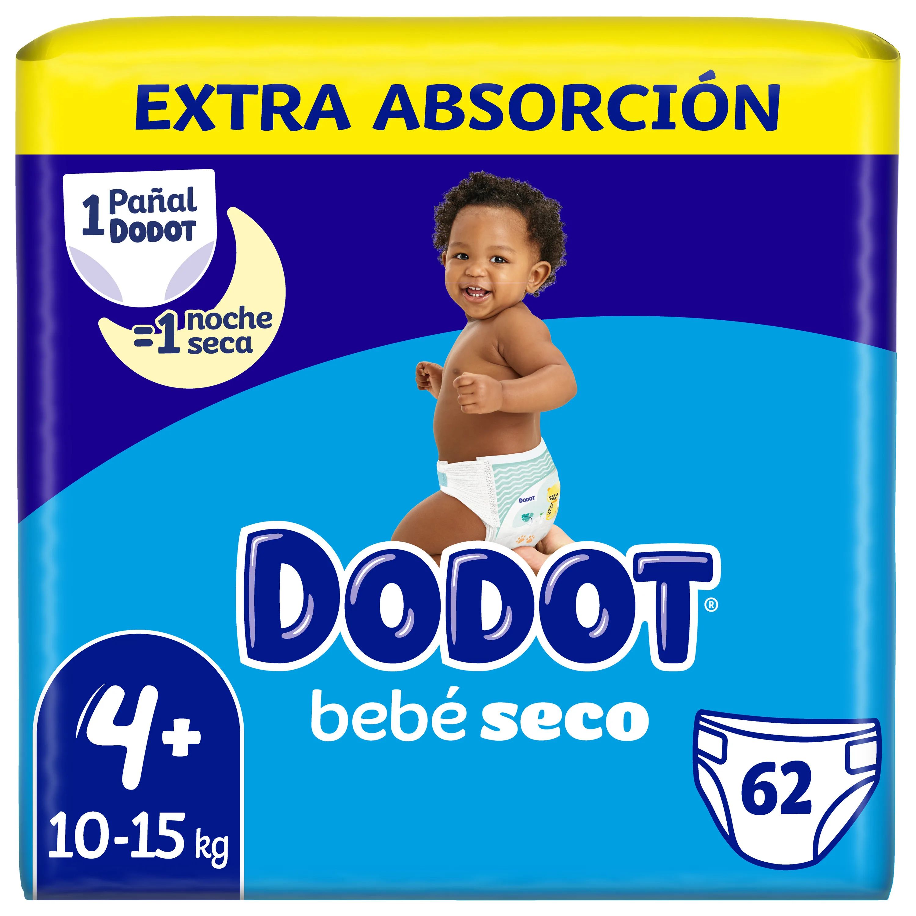 Dodot Pañales Bebé-Seco Talla 4+ PLUS (10-15 kg) - 62 Pañales con Protección Antifugas - Pack Talla 4+ Plus Jumbo
