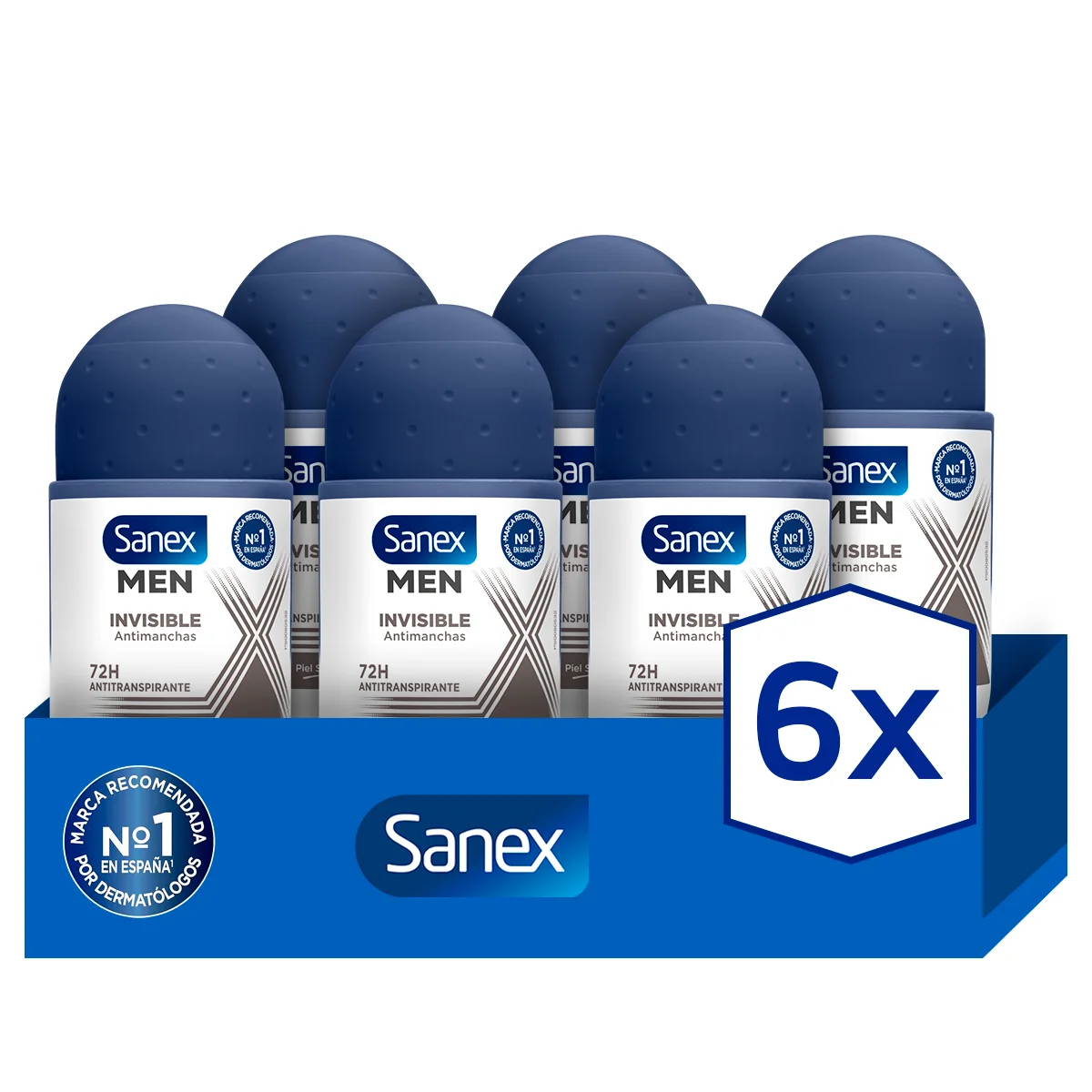 Sanex Men Invisible Desodorante Roll-On Antitranspirante Hombre 50ml, 72H Protección, Anti-manchas, 0% Alcohol. Pack 6