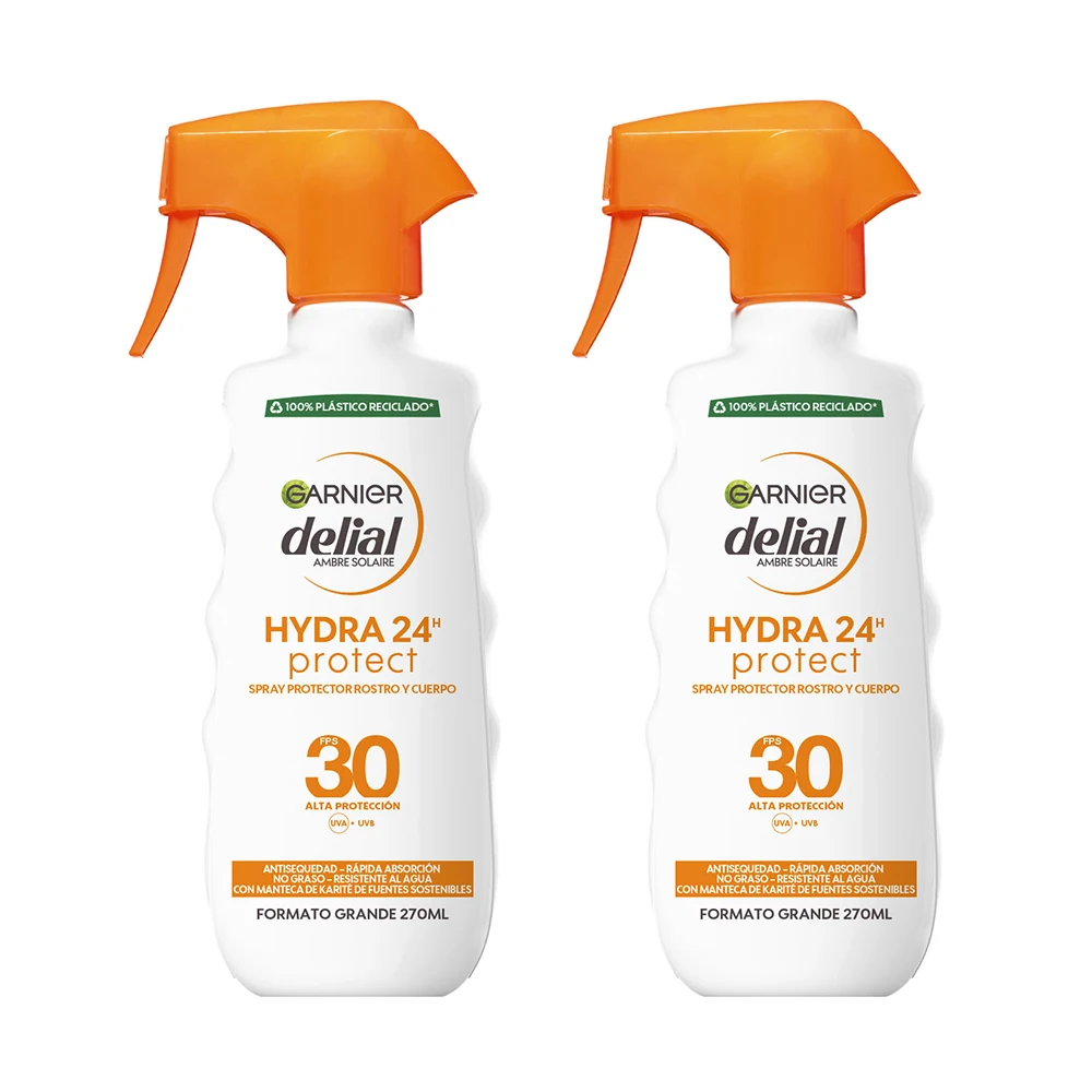 GARNIER | Delial Spray Protector SPF 30+ HYDRA 24 Protect Muy Alta Protección Resistente al Agua, Fórmula Hidratante No Grasa con Manteca de Karité de Fuentes Sostenibles Para una Piel Protegida, Hidratada y Suave 2x270ml.
