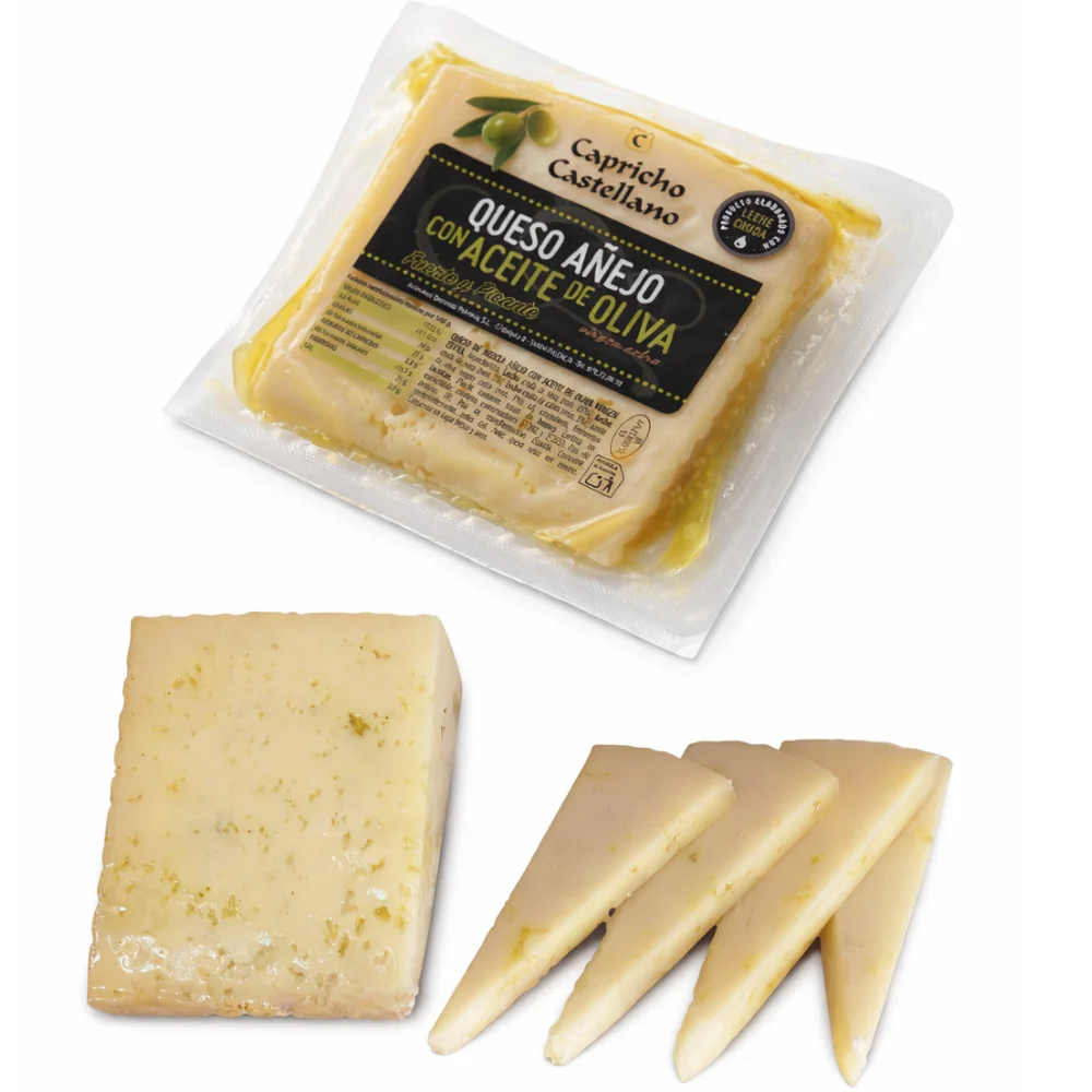 Queso añejo fuerte y picante en aceite, cuña 200g, elaborado con leche cruda, ideal para tablas gourmet, Capricho Castellano