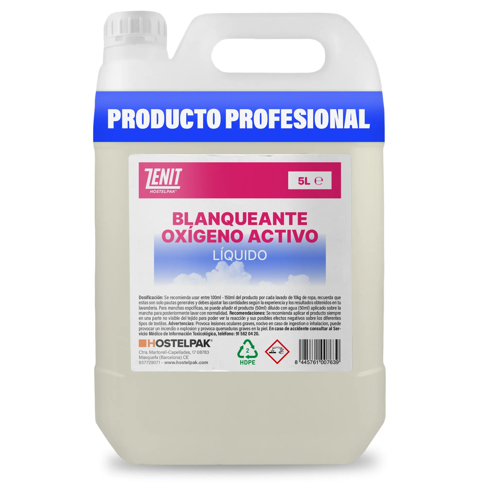 Hostelpak | Oxígeno activo líquido Blanqueante de ropa | 5L | Quitamanchas | Limpieza profesional