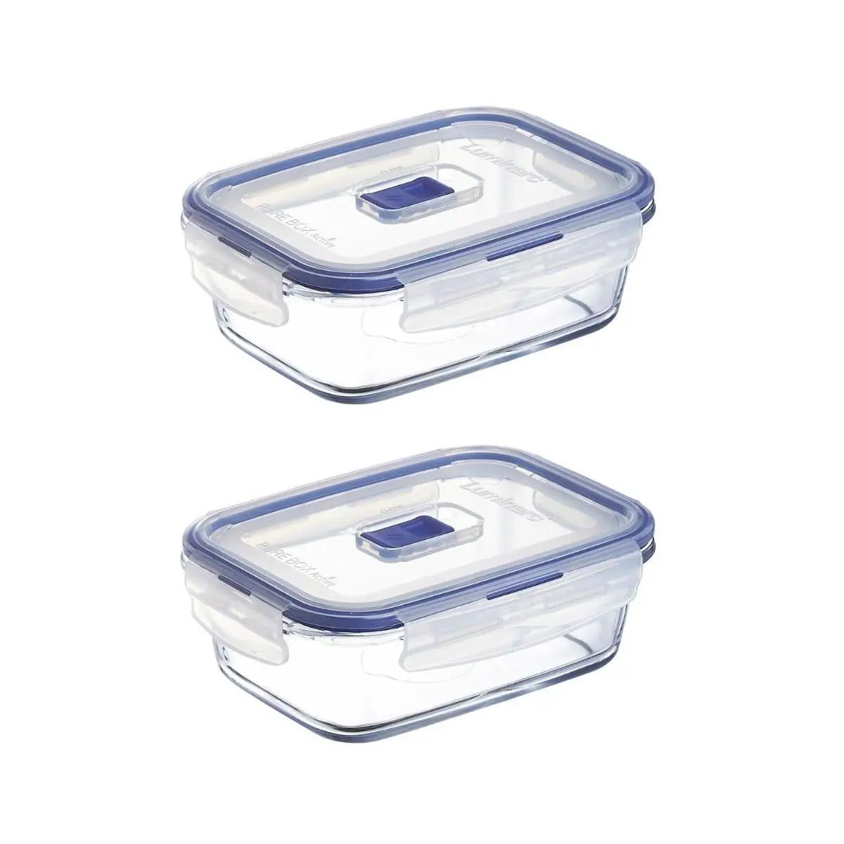 LUMINARC PURE BOX ACTIVE 2 Recipiente Rectangular Hermético Vidri SET 2 PIEZAS 82CL Bicolor Brillo Tapa 4 cierres herméticos 100% con válvula Reciclable