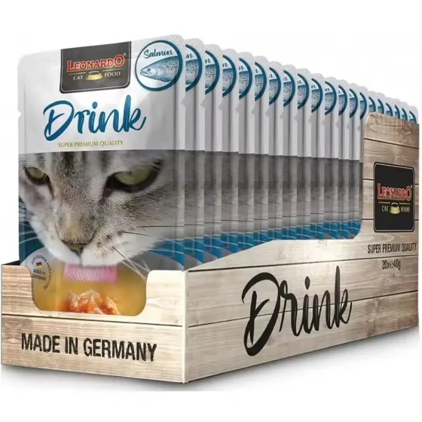 Leonardo Cat Drink Salmón - Pack de 20 o 40 sobres x 40g, Complemento Líquido de Salmón Puro para Gatos, Hidratación Sabrosa con Tiras de Pescado Real, Calidad Premium Alemana