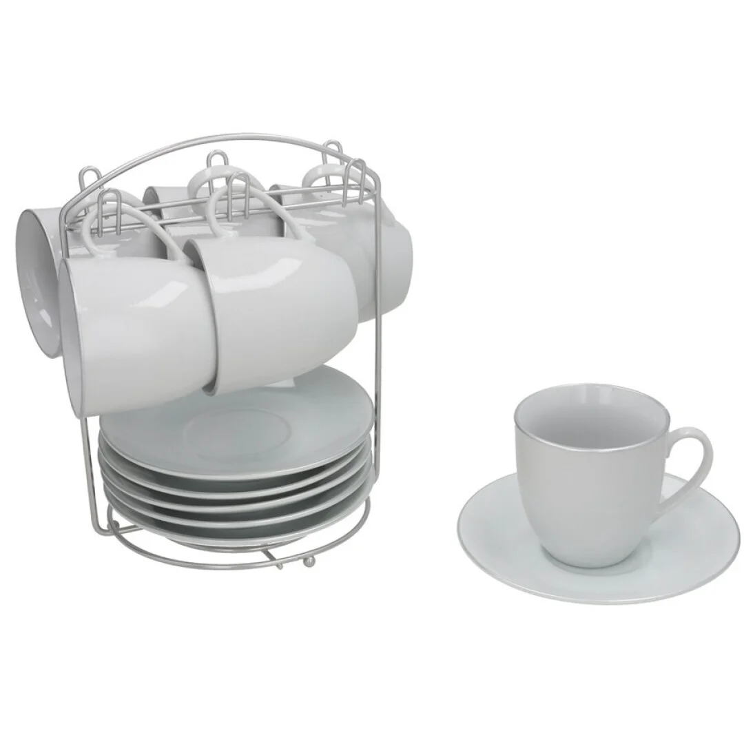 Gissed-Set de 6 Tazas de Porcelana con Platos y Soporte Metálico – 180 ml, Color Blanco, Apto para Microondas y Lavavajillas