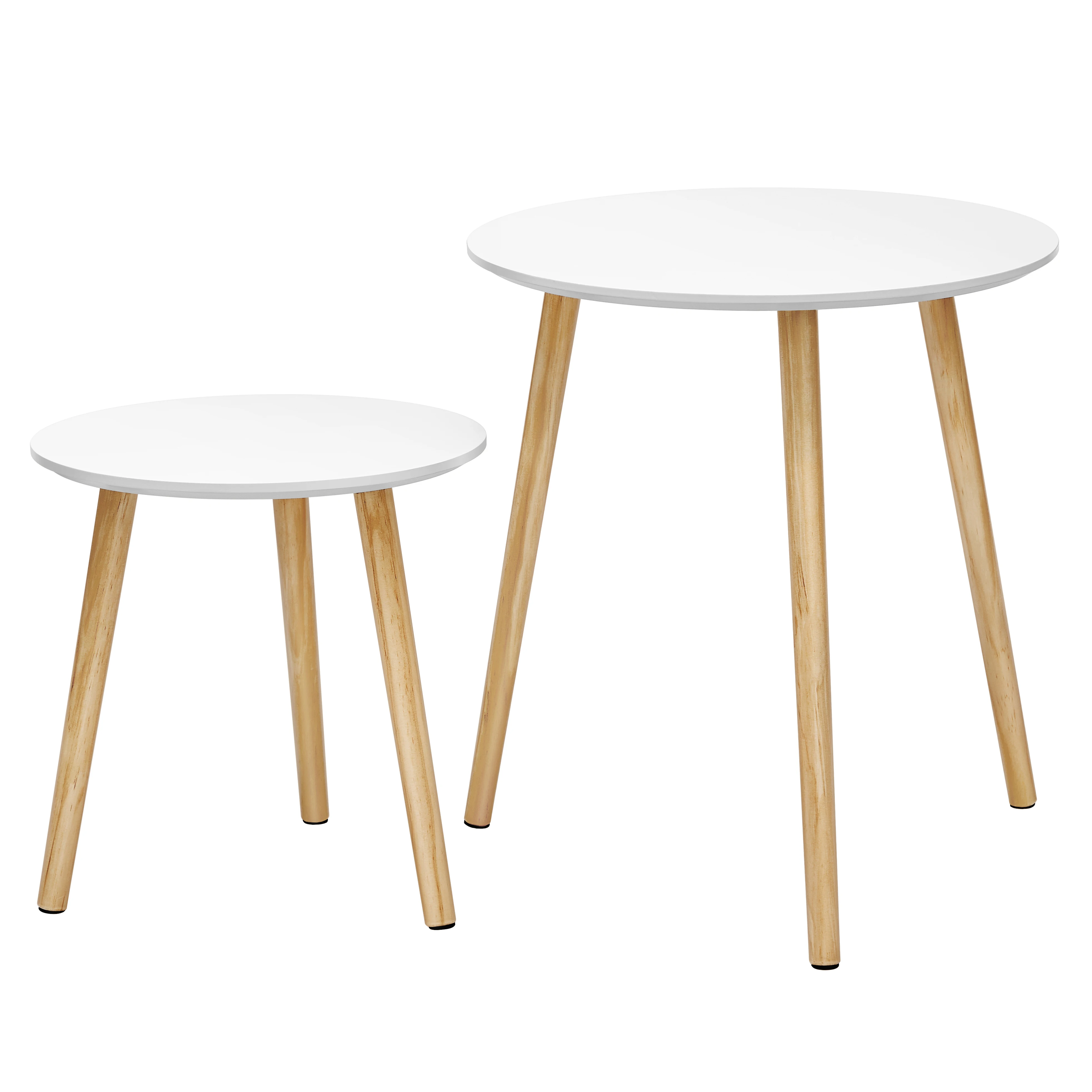 SONGMICS Mesa Auxiliar Redonda, Mesa Minimalista Moderna, Juego de 2 mesas de Café con Patas de Pino Macizas, Mesa Nido para Sala de Estar, Balcón, Blanco y Natural