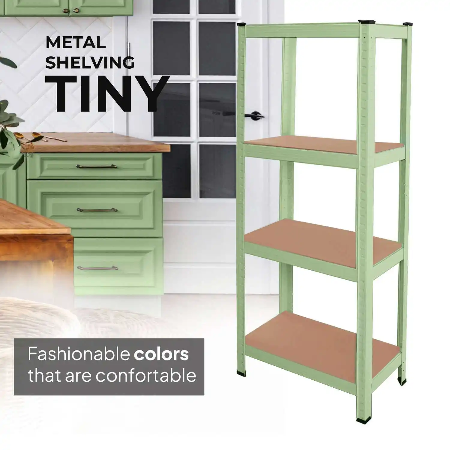 OioDual Metal Shelf Tiny Green Shelf for Home Storage Rack Storage Rack, Furniture, Office, Divisible Storage Shelves, Screwless, 240kg, 4 shelves MDF, 150x60x30cm