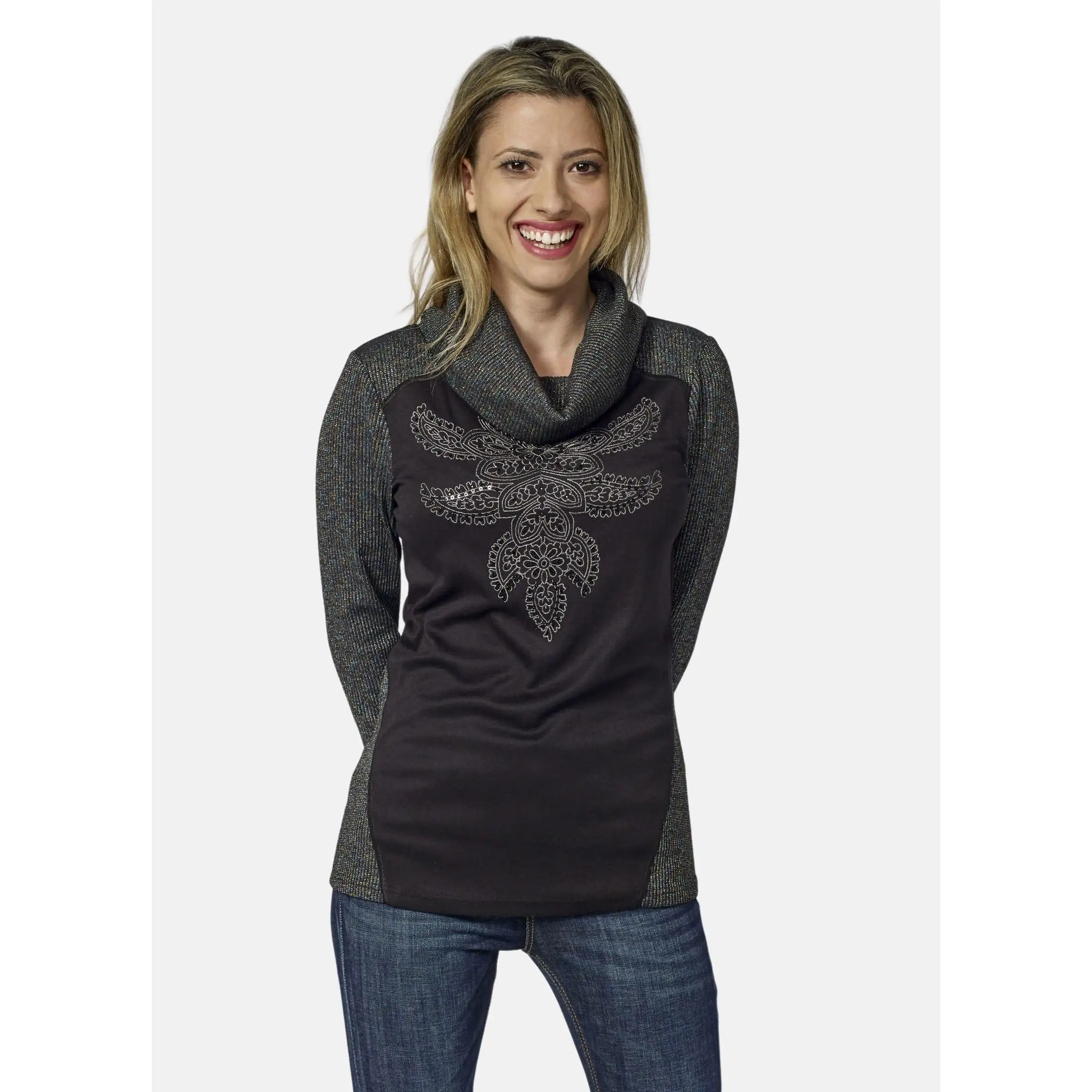 Koroshi Camiseta Manga Larga Mujer Cuello Vuelto Bordado en Lurex – Koroshi Negro