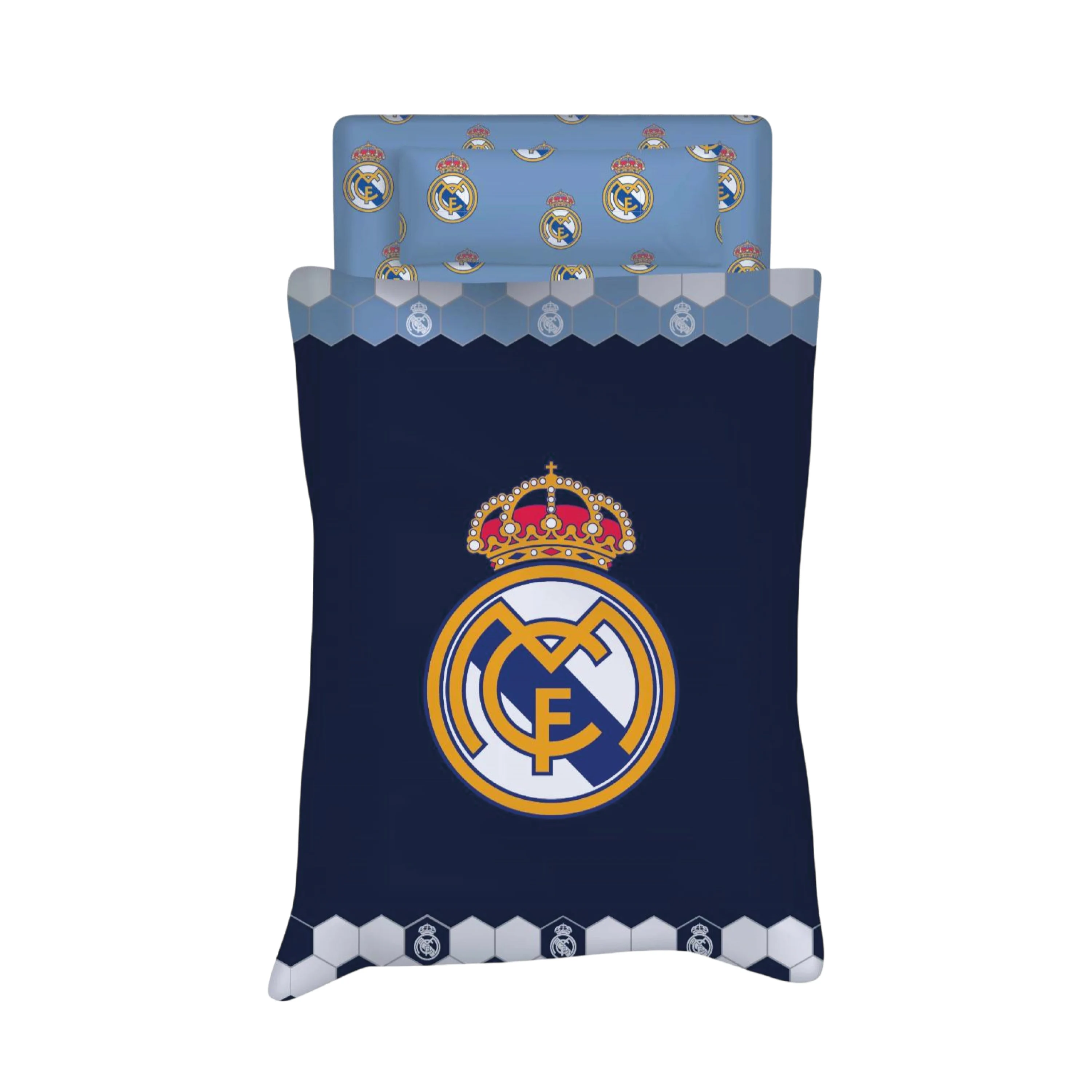 Real Madrid C.F. - Juego de Sábanas Verano Modelo Azul 2025 (3 Piezas) Oficial 50% Algodón/50% Poliéster