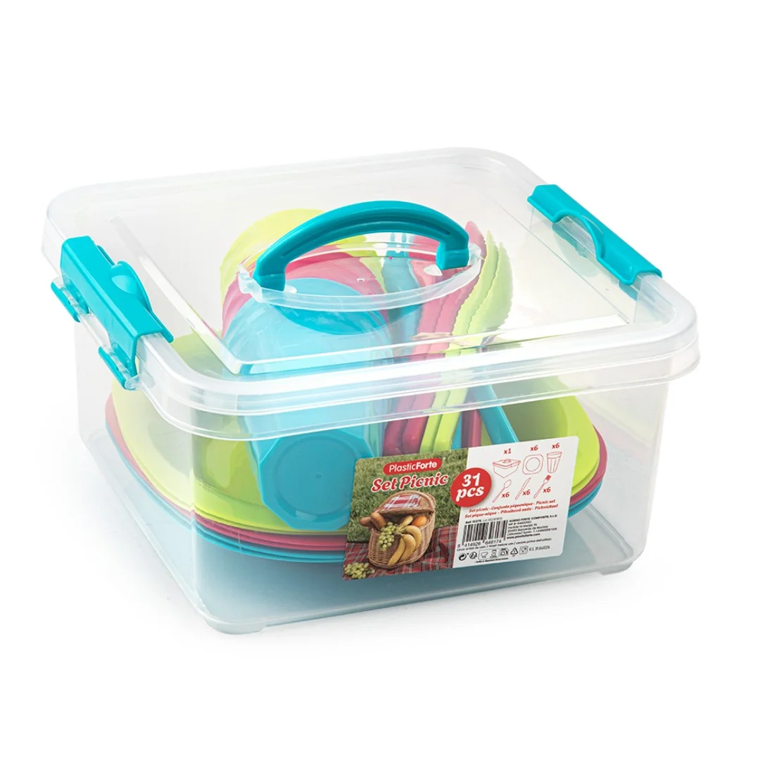 UD - Set de Picnic 31 Piezas Plástico – 6 Vasos, 6 Platos, 6 Tenedores, 6 Cucharas ,6 Cuchillos con una Caja – Ideal para Camping y Excursiones