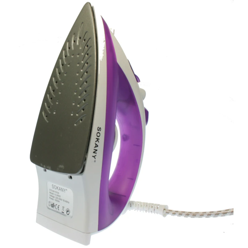 Sokany HJ-8002 Steam Iron 1600W in White and Purple, features stainless steel soleplate, self-cleaning, 900ML capacity, variable steam, and non-twisting cord for efficient garment care.