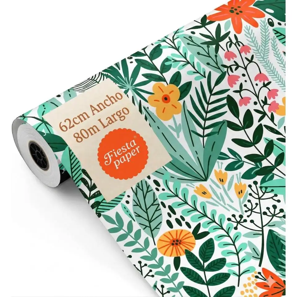 Bobina papel de regalo, rollo grande 62cm x 80m • FLORES PRIMAVERAL • Ideal para: Tiendas Negocios Comercios FIESTA PAPER