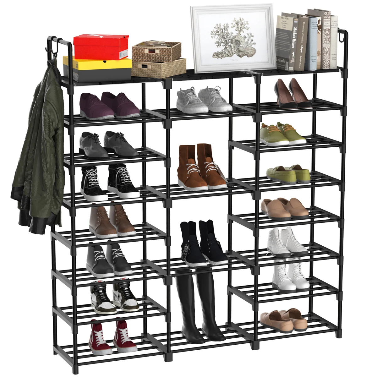 T-lovendo 8-tier Shoe Rack, 46-50 Pairs of Big Shoes, Boots, Storage Organizer, Stackable Metal Rack for Wardrobe, Entrance, Hallway, Black