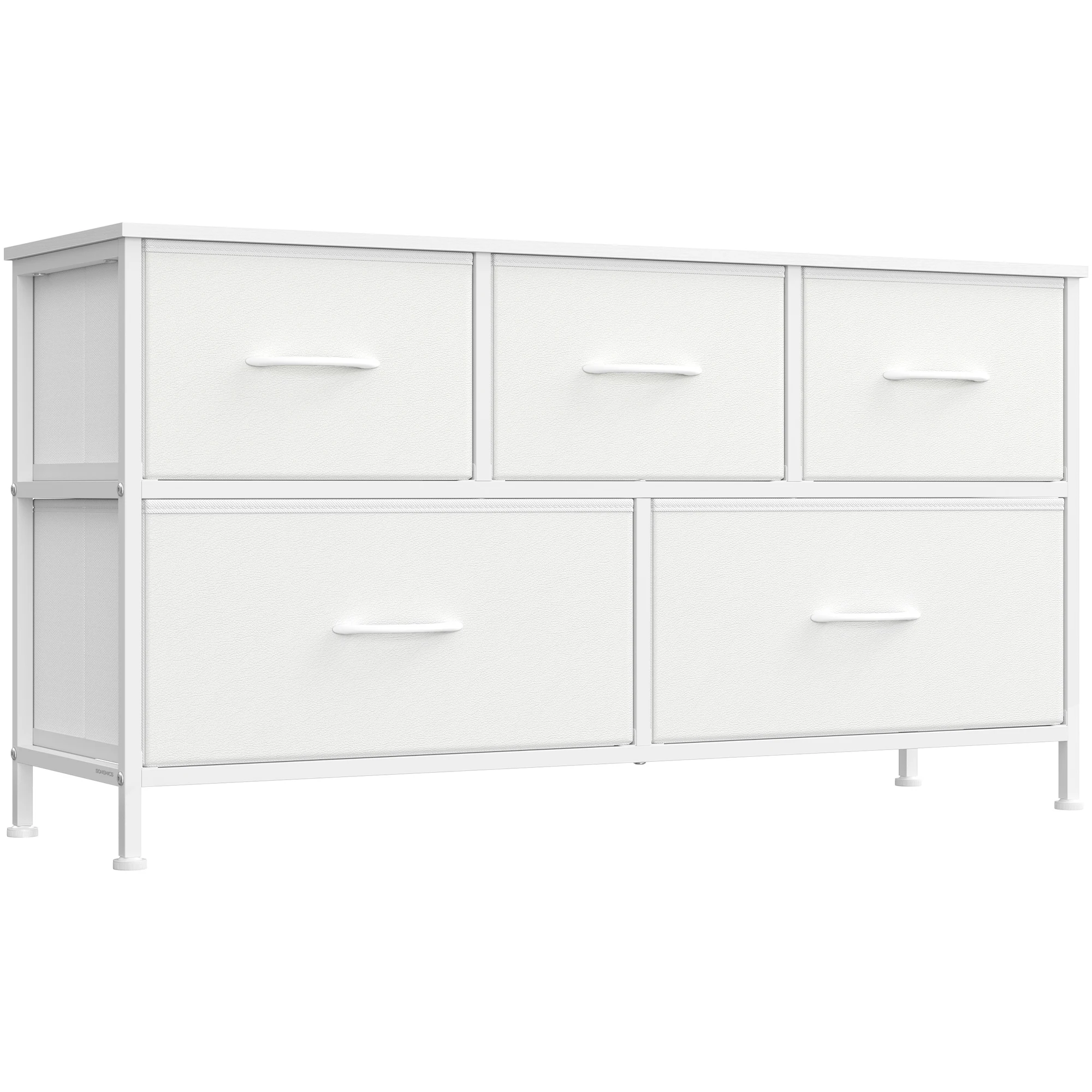 SONGMICS Comò con 5 Cassetti per Camera da Letto, Mobile Contenitore, Acciaio, MDF, Tessuto Non Tessuto, per Camera da Letto, Guardaroba, Ingresso e Soggiorno, Bianco Nuvola e Bianco Neve