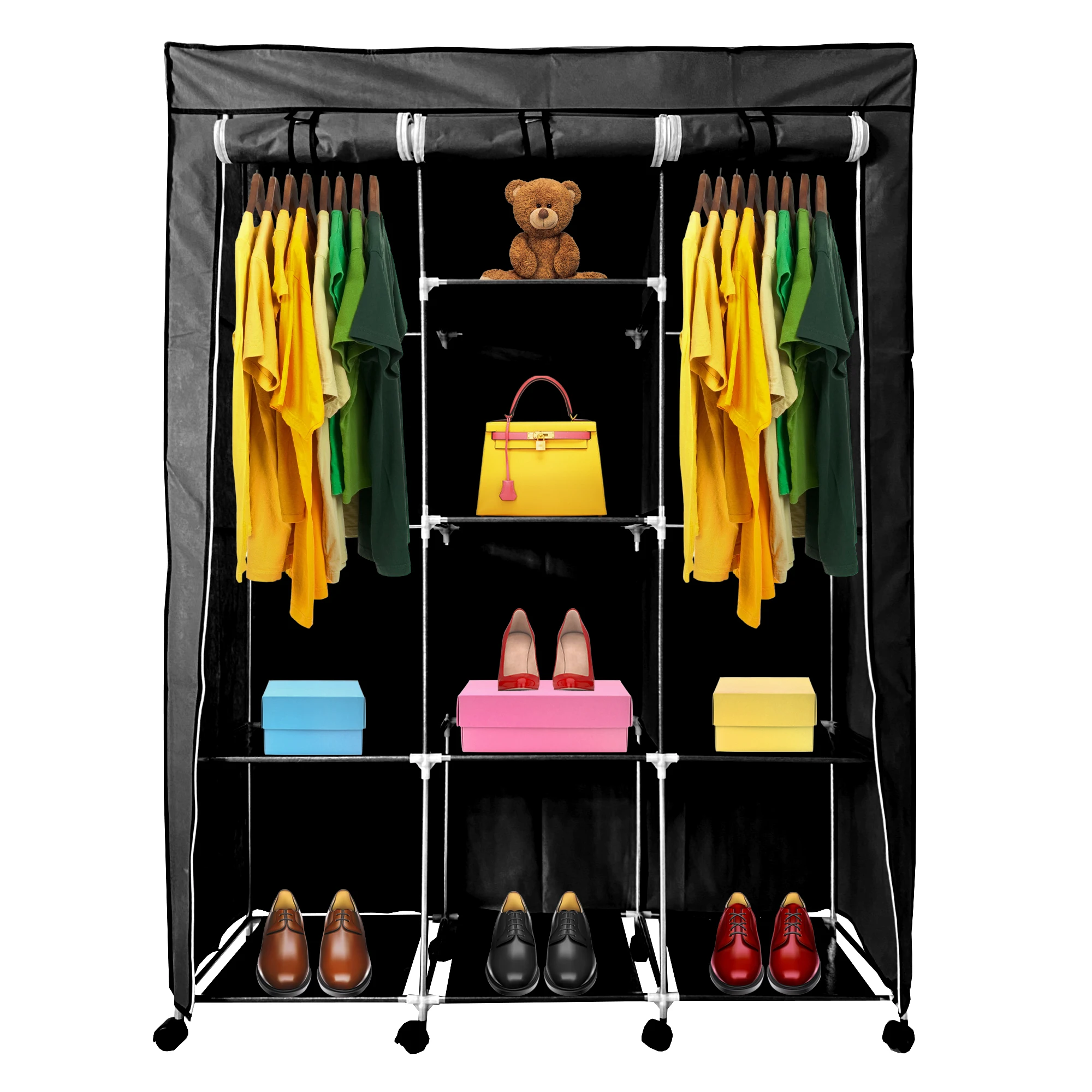 Fabric dressing cabinet with zipper doors and wheels Nyana Home 166x124x43cm 6 holes, 3 doors, 2 wardrobes