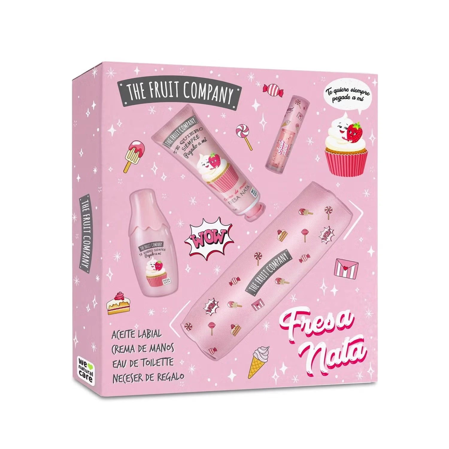 The Fruit Company Set Pack Regalo Fresa y Nata, Aceite Labial, Crema de Manos, Colonia Eau de Toilette, Neceser de Mano.