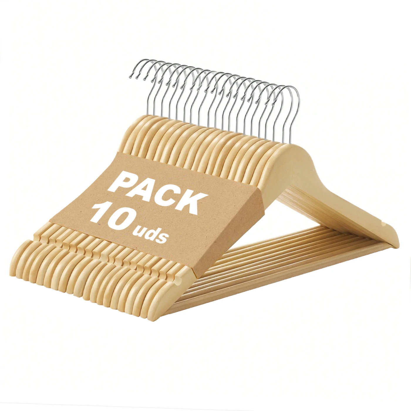 Pack de 10/20/40 Perchas de Madera Natural, Marrón, Blanco, Colgador con Barra Antideslizante para Pantalones para Trajes, Gancho Giratorio 360º y Muescas Antideslizantes para Vestidos.