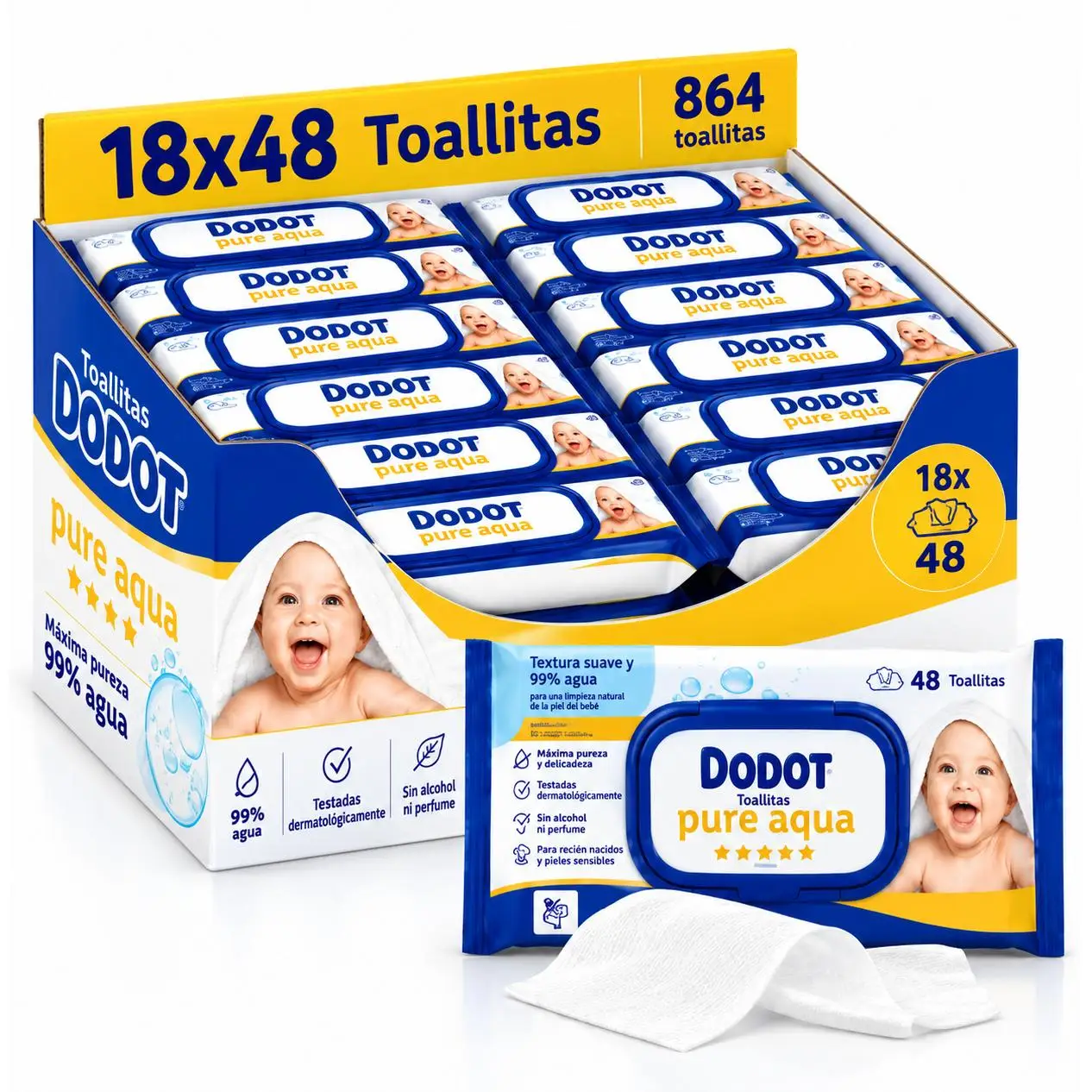 Toallitas Dodot Pure Aqua con Tapita Pack Ahorro 864 Uds (18x48) – Nuevo Formato Más Grueso y Resistente