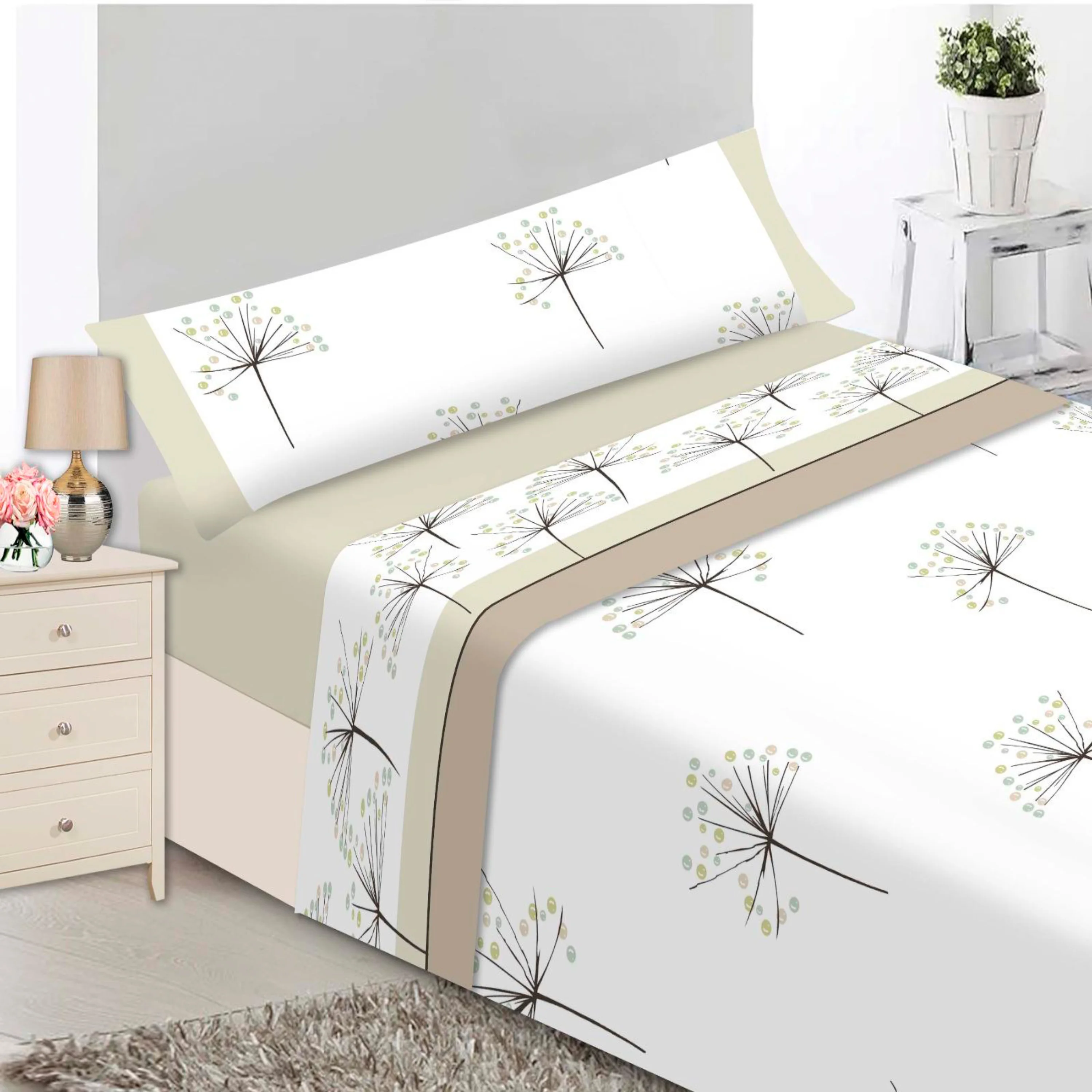 Vivid Torral - Juego de Sábanas Franela Modelo Flor Vivid Torral Invierno 200G/m2 100% Algodón Suave Térmicas Calidez 3 piezas Beige Verde Agua(encimera, bajera y funda de almohada) 90 - 105 - 135 -