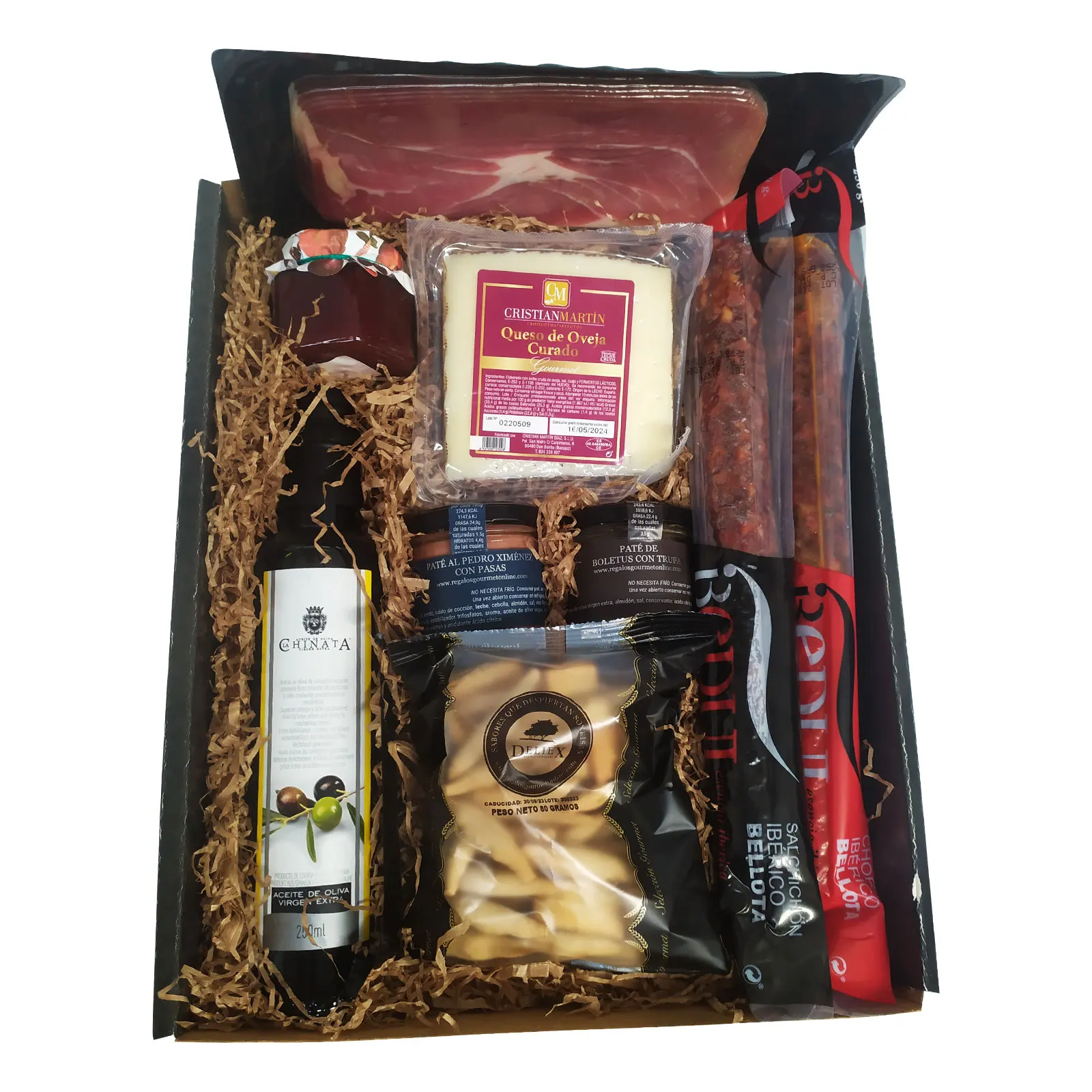 Deliex delicacies of Extremadura. Gourmet basket with oil, the Chinata, ham, batch of Iberian, cheese, patés, peaks. Original gifts for men and women. (Basket with cheese)