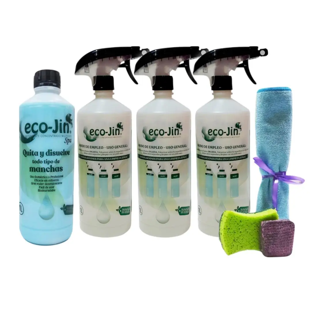 KIT DE INICIO ECO-JIN DETERGENTE EXTRA CONCENTRADO VARIOS AROMAS + 3 DIFUSORES para realizar mezclas + BAYETA Y ESTROPAJOS - PRODUCTO REVOLUCIONARIO DEL QUE TODO EL MUNDO HABLA -