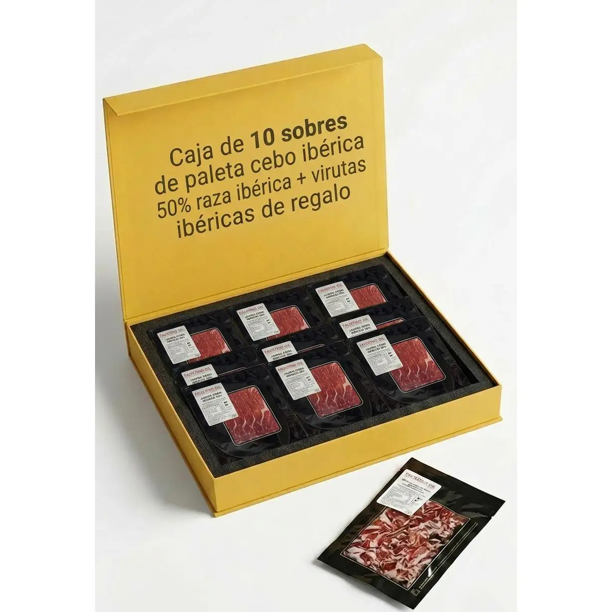 PALETA CEBO IBERICA 50% 10 SOBRES DE 100G + REGALO VIRTUAS IBERICAS 200G - IBÉRICOS FASUTINO GIL — oferta en AliExpress