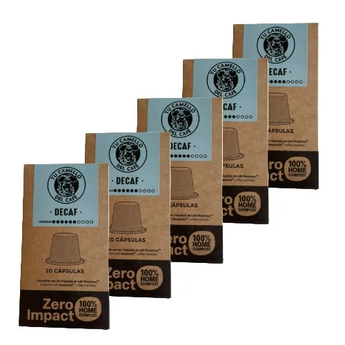 Cápsulas de café compostables Tu Camello del Café Decaf, PACK 5x20u. compatibles con Nespresso.