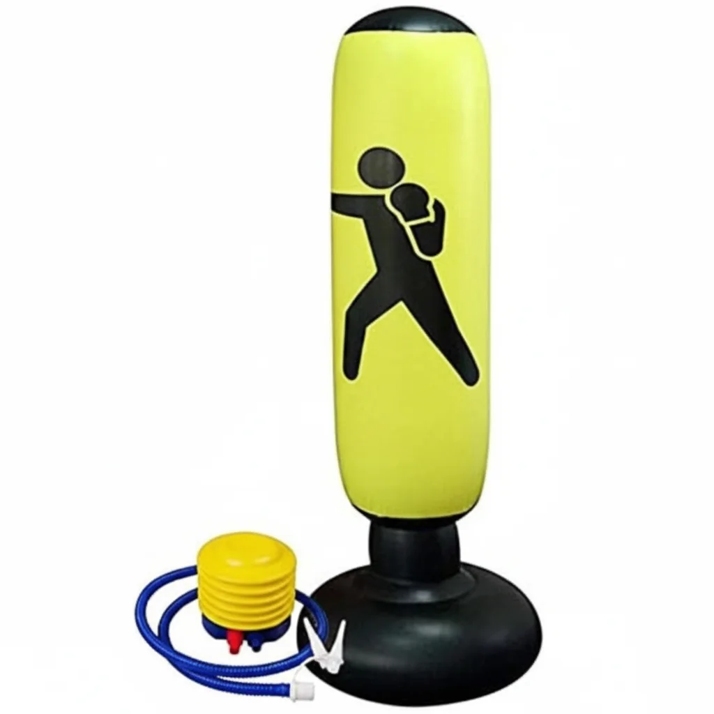 JOWY Saco de Boxeo Inflable. Saco de Boxeo de pie para Niños con hinchador Incluido. Base de Relleno con Agua o Arena, sujeción. 160cm Alto. (Amarillo)