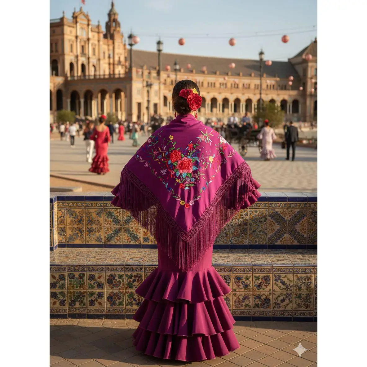 Manton de flamenco berenjena con los bordados de flores multicolores