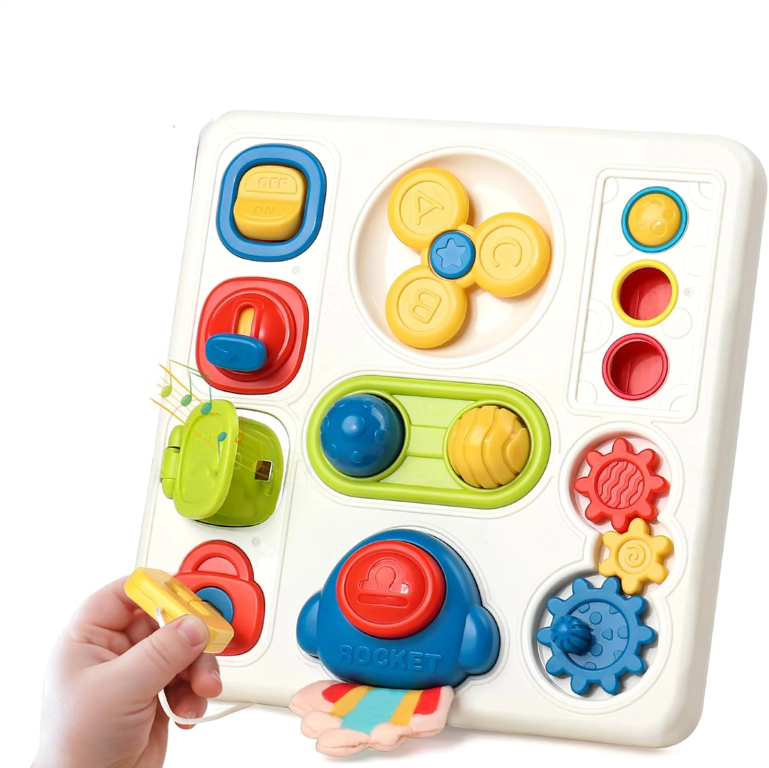 Tablero Montessori 8 en 1 con Sonido y Luces – Centro de Actividades Sensoriales en Forma de Cohete con Interruptores, Engranajes, Llaves, Letras y Juego de Pelotas – Panel Educativo Portátil para
