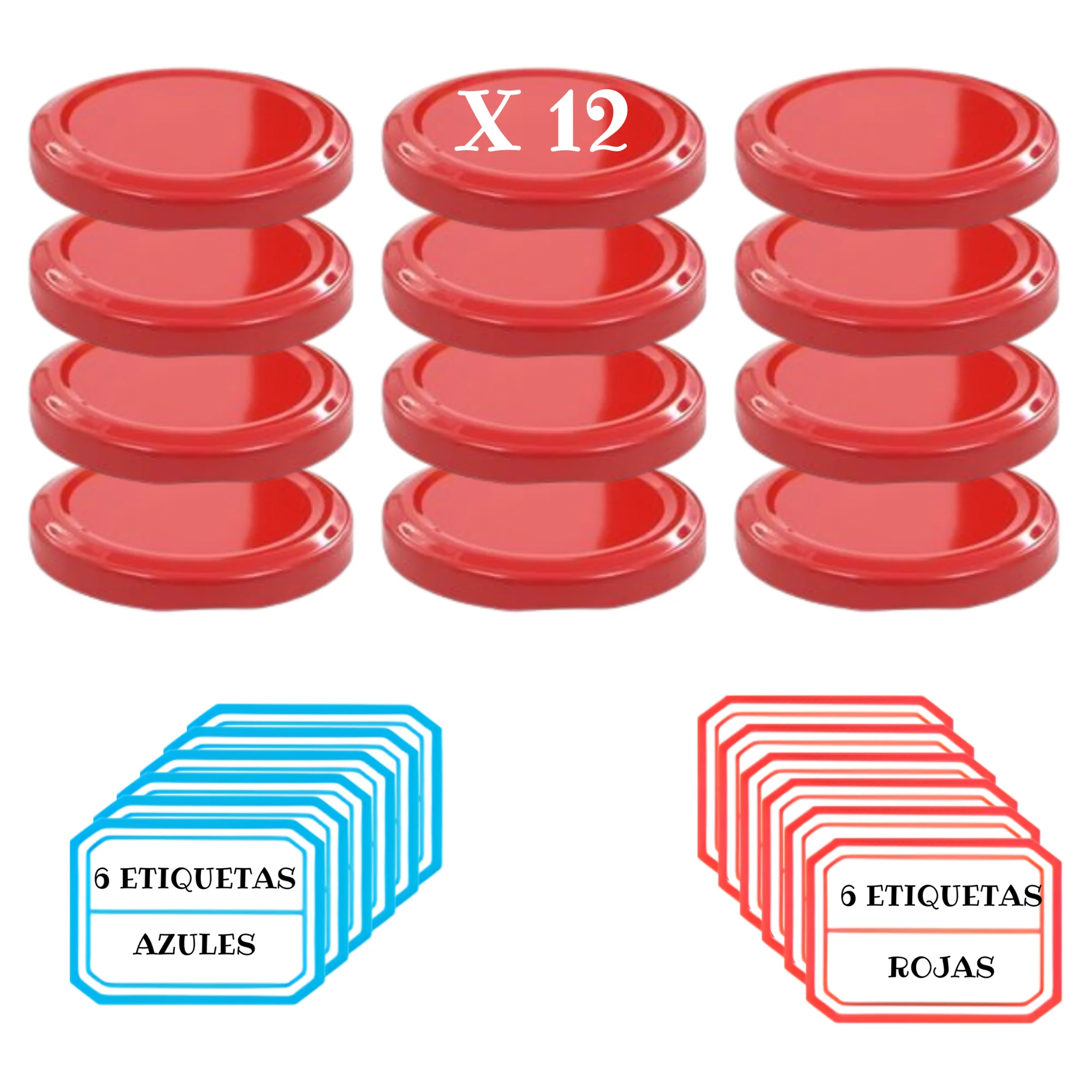12 Tapas Metálicas de 66 mm de Diámetro + 12 Etiquetas para Botes herméticos de Cristal, Tapas de Repuesto para tarros de Vidrio de 250 ml