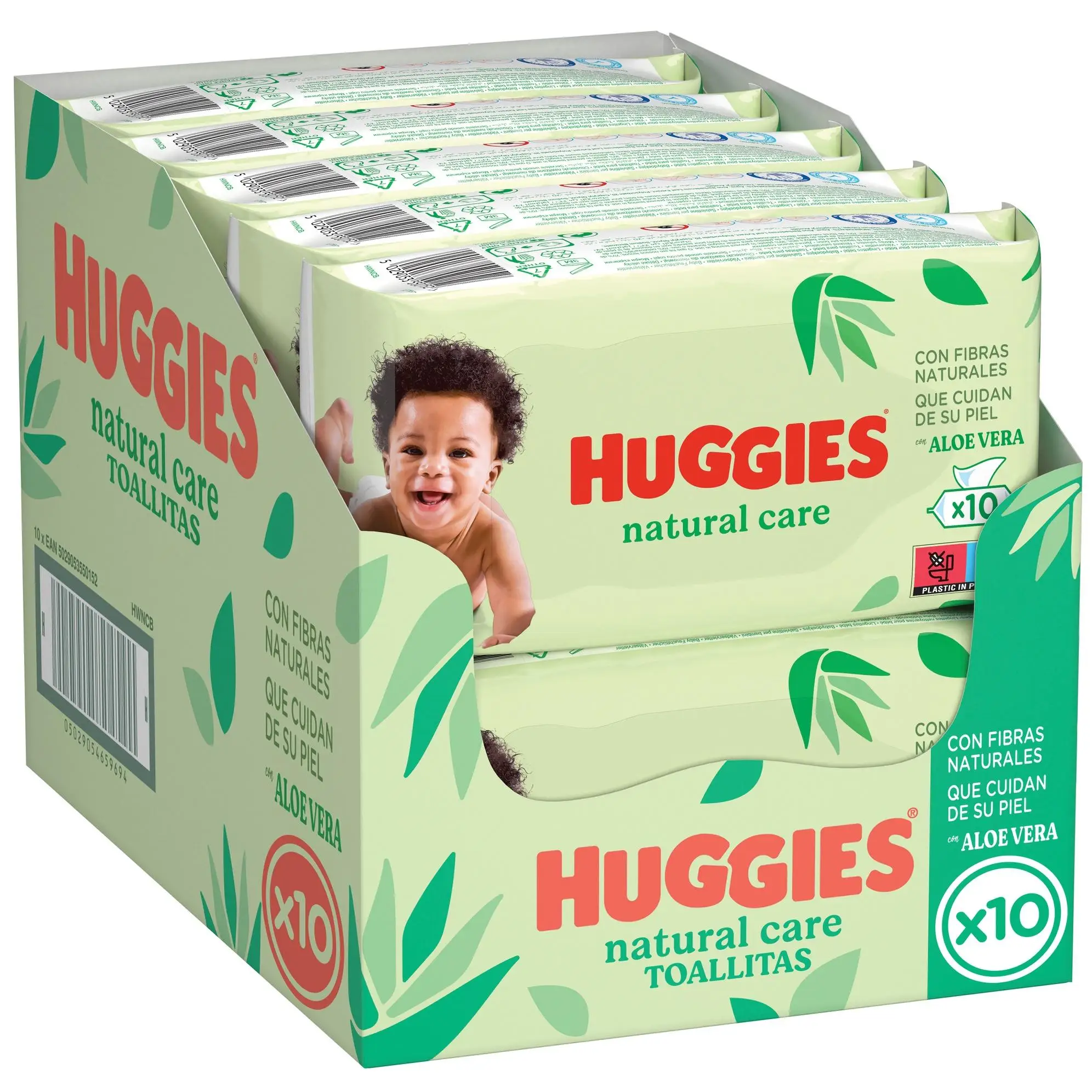Huggies Natural Care Toallitas 99% Agua y con Aloe Vera, 560 Toallitas (10 packs de 56 Toallitas). Suaves Fibras Naturales de Origen Vegetal, Hipoalergénicas, Sin Parabenos, Calman y Reconfortan la Piel.